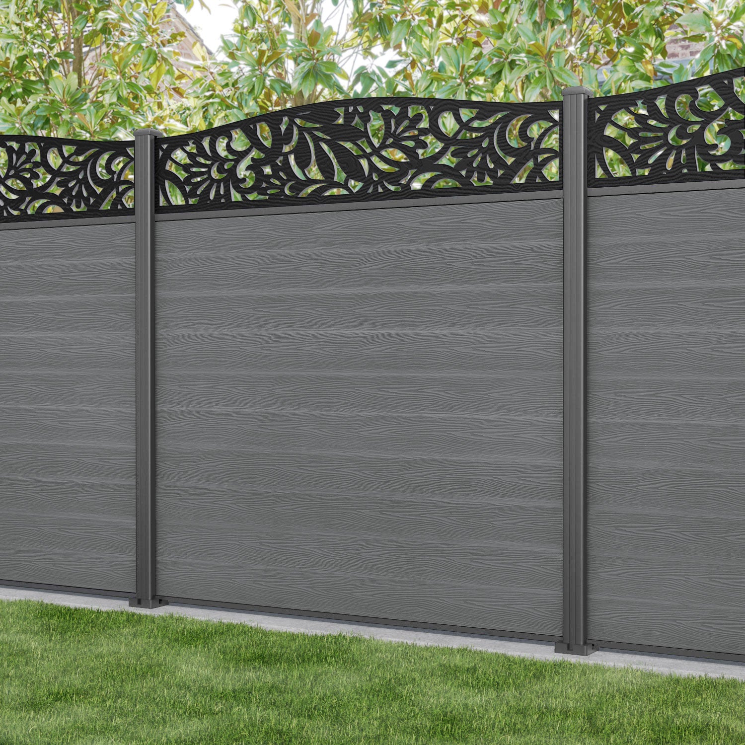 Classic Heritage Curved Top Fence Panel - Mid Grey - with our aluminium posts