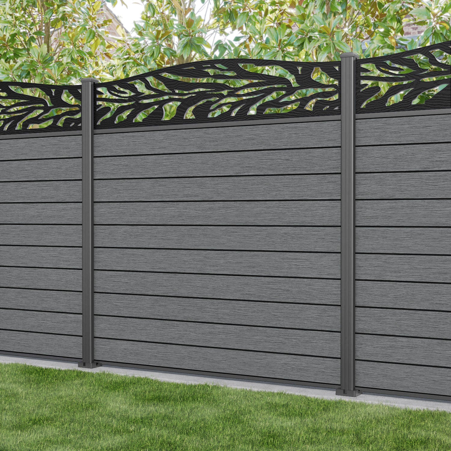Fusion Malawi Curved Top Fence Panel - Mid Grey - with our aluminium posts