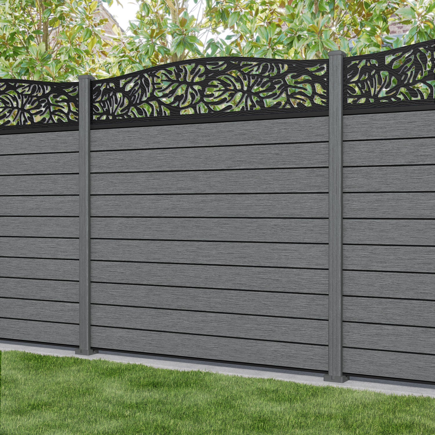 Fusion Botanic Curved Top Fence Panel - Mid Grey - with our composite posts