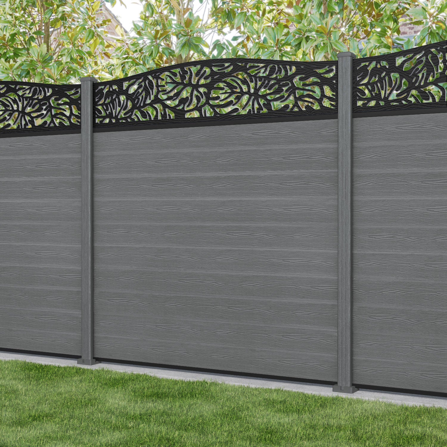 Classic Botanic Curved Top Fence Panel - Mid Grey - with our composite posts