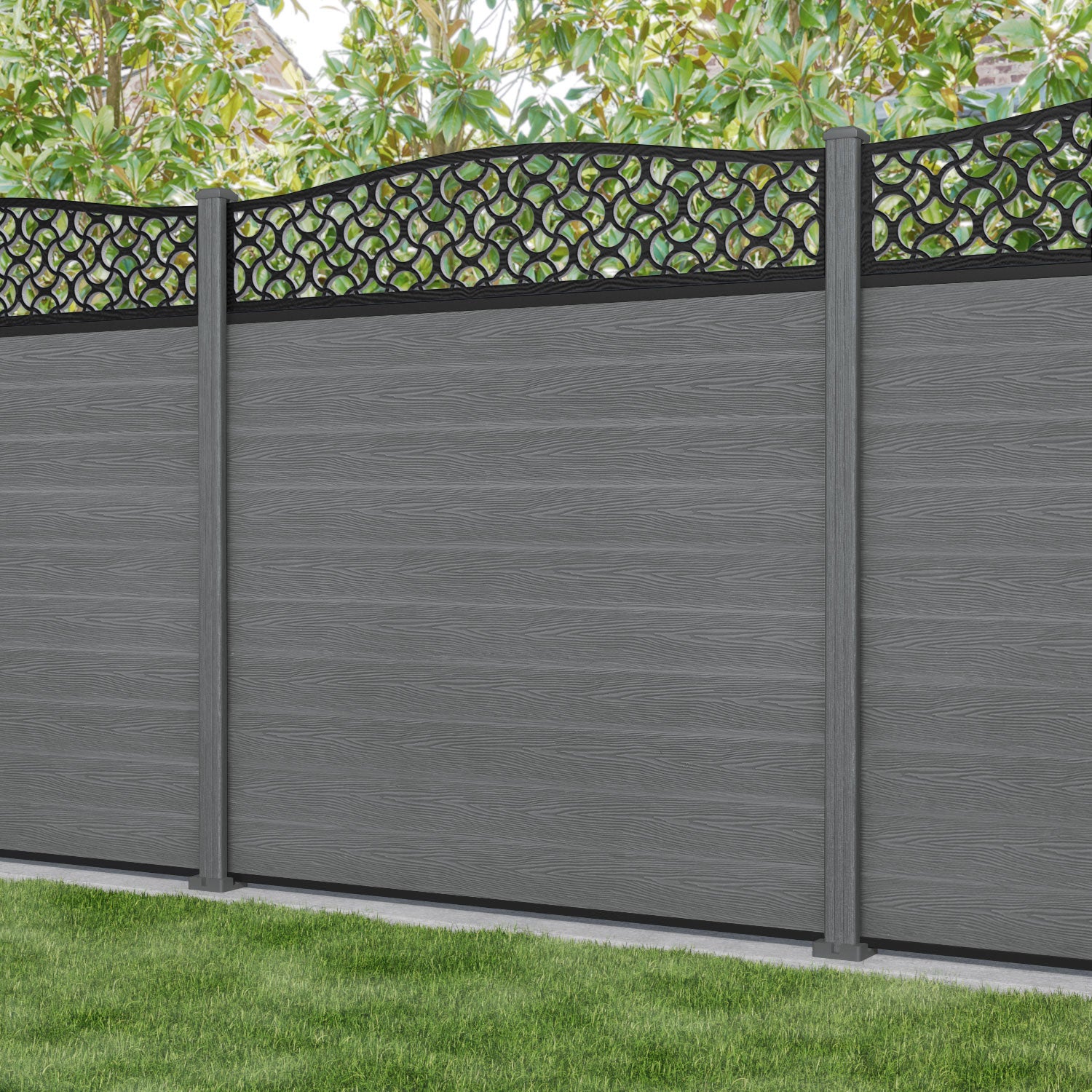 Classic Vida Curved Top Fence Panel - Mid Grey - with our composite posts