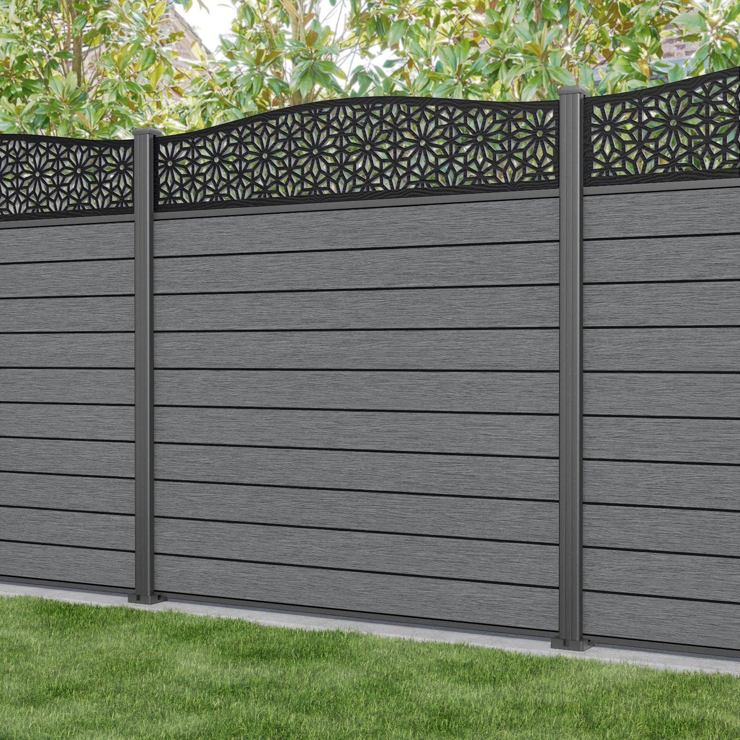 Fusion Narwa Curved Top Fence Panel - Mid Grey - with our aluminium posts