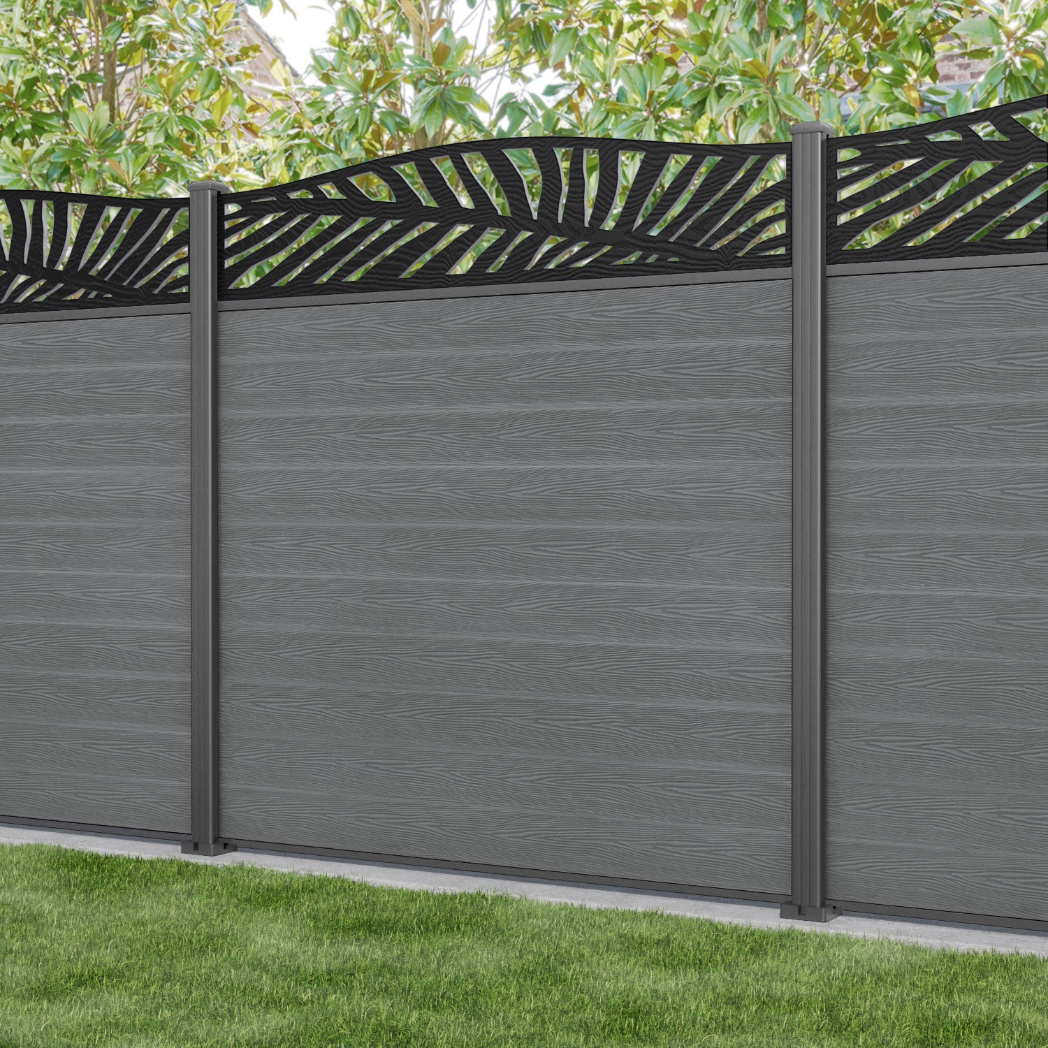 Classic Palm Curved Top Fence Panel - Mid Grey - with our aluminium posts