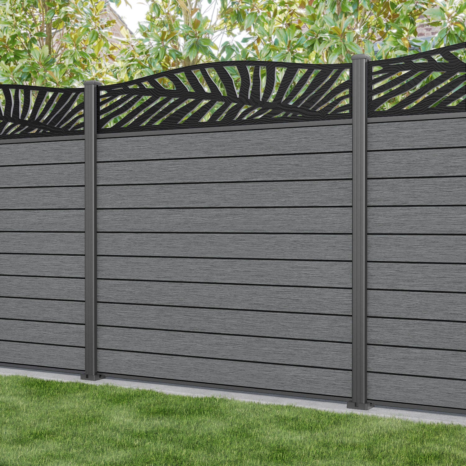Fusion Palm Curved Top Fence Panel - Mid Grey - with our aluminium posts