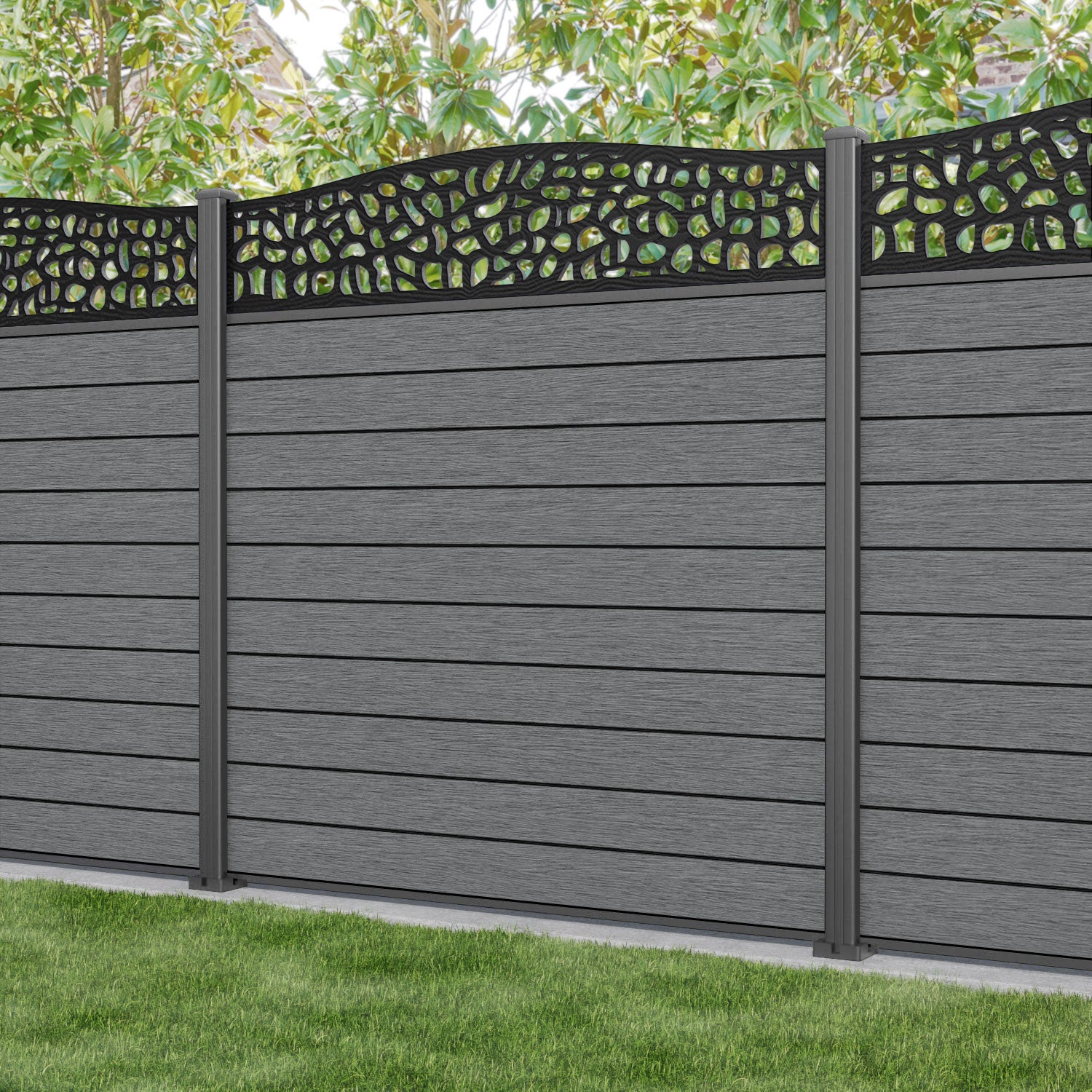 Fusion Pebble Curved Top Fence Panel - Mid Grey - with our aluminium posts