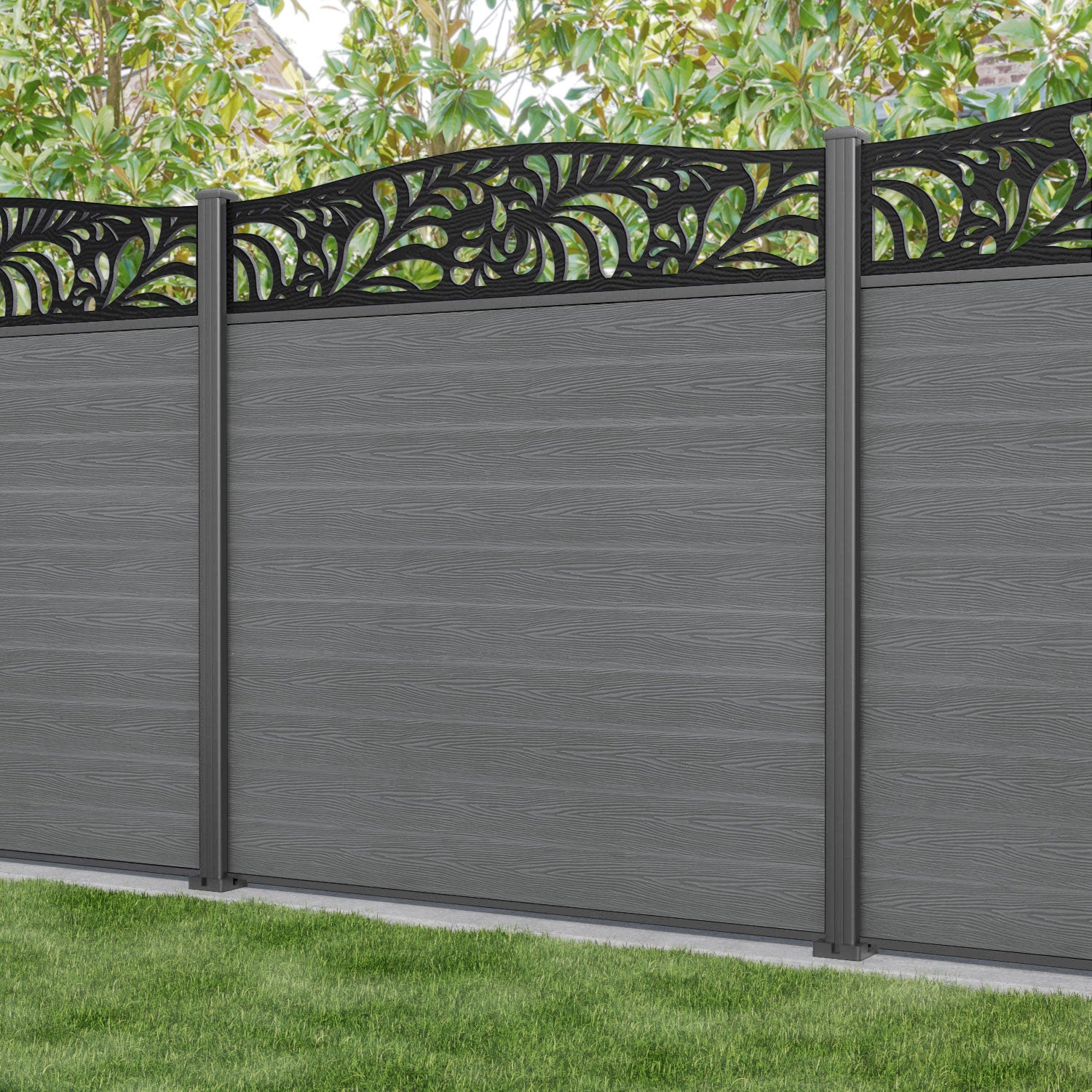 Classic Petal Curved Top Fence Panel - Mid Grey - with our aluminium posts