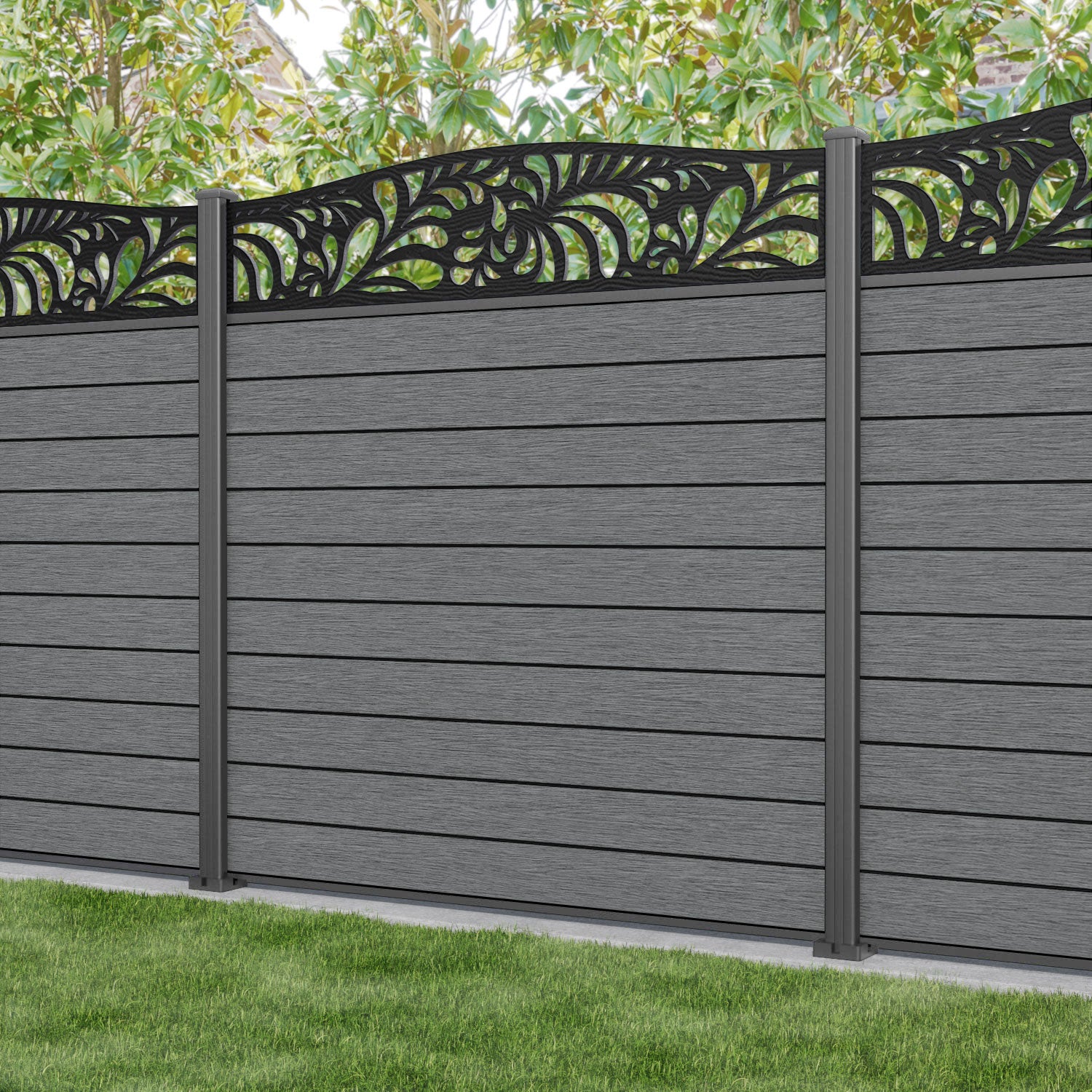 Fusion Petal Curved Top Fence Panel - Mid Grey - with our aluminium posts