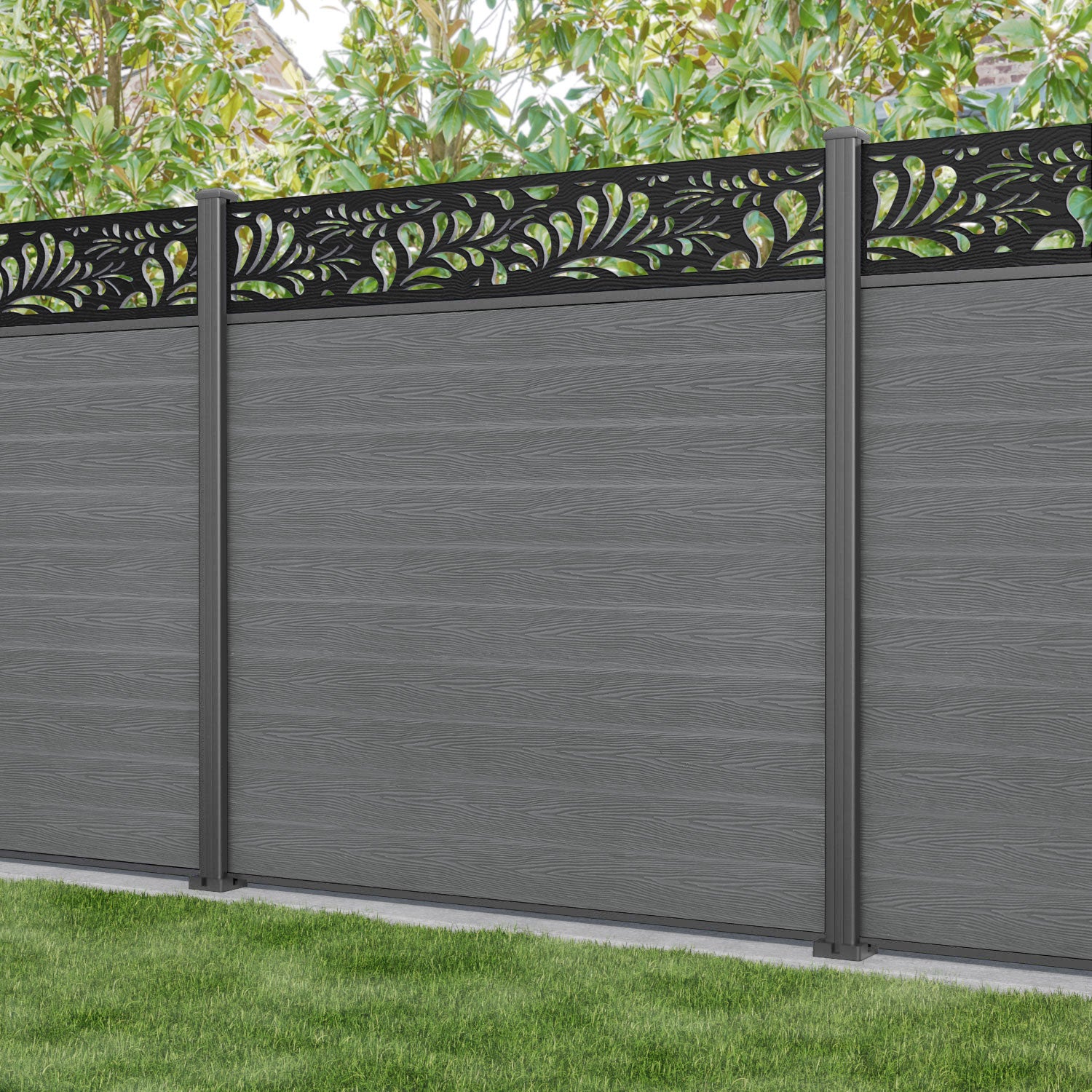 Classic Petal Fence Panel - Mid Grey - with our aluminium posts