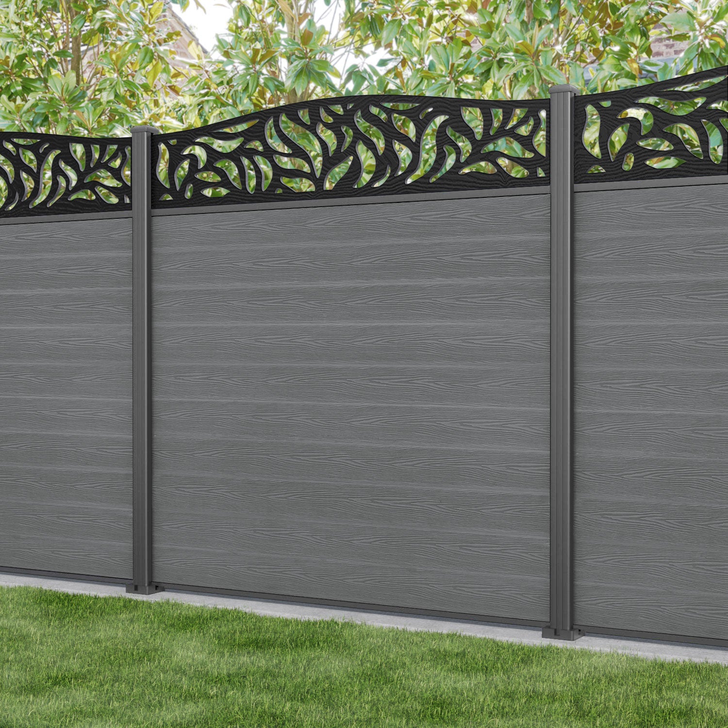 Classic Plume Curved Top Fence Panel - Mid Grey - with our aluminium posts