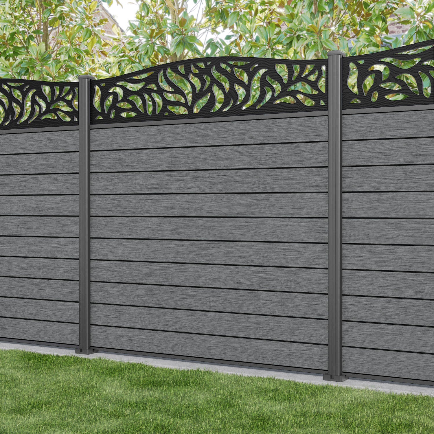 Fusion Plume Curved Top Fence Panel - Mid Grey - with our aluminium posts