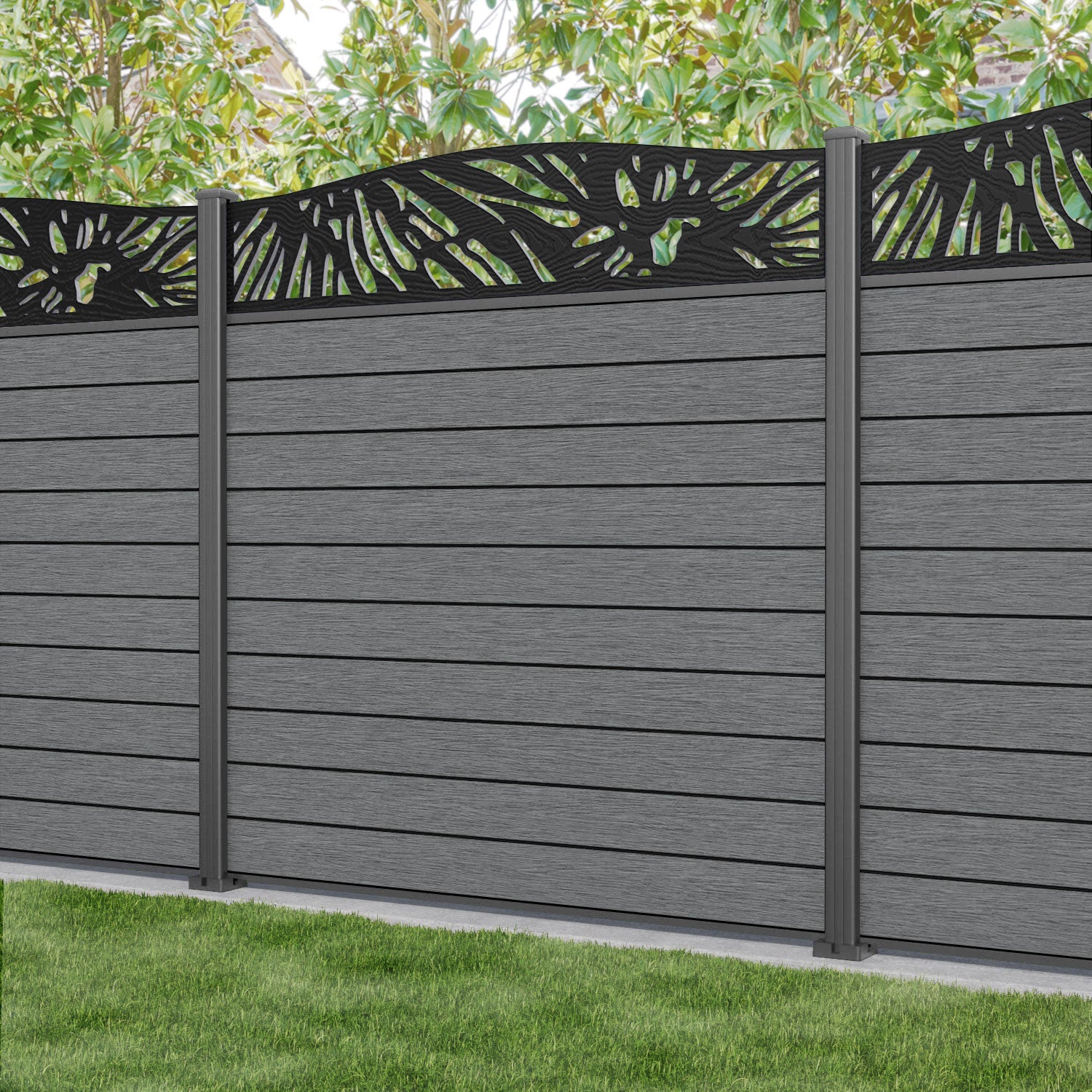 Fusion Poppy Curved Top Fence Panel - Mid Grey - with our aluminium posts