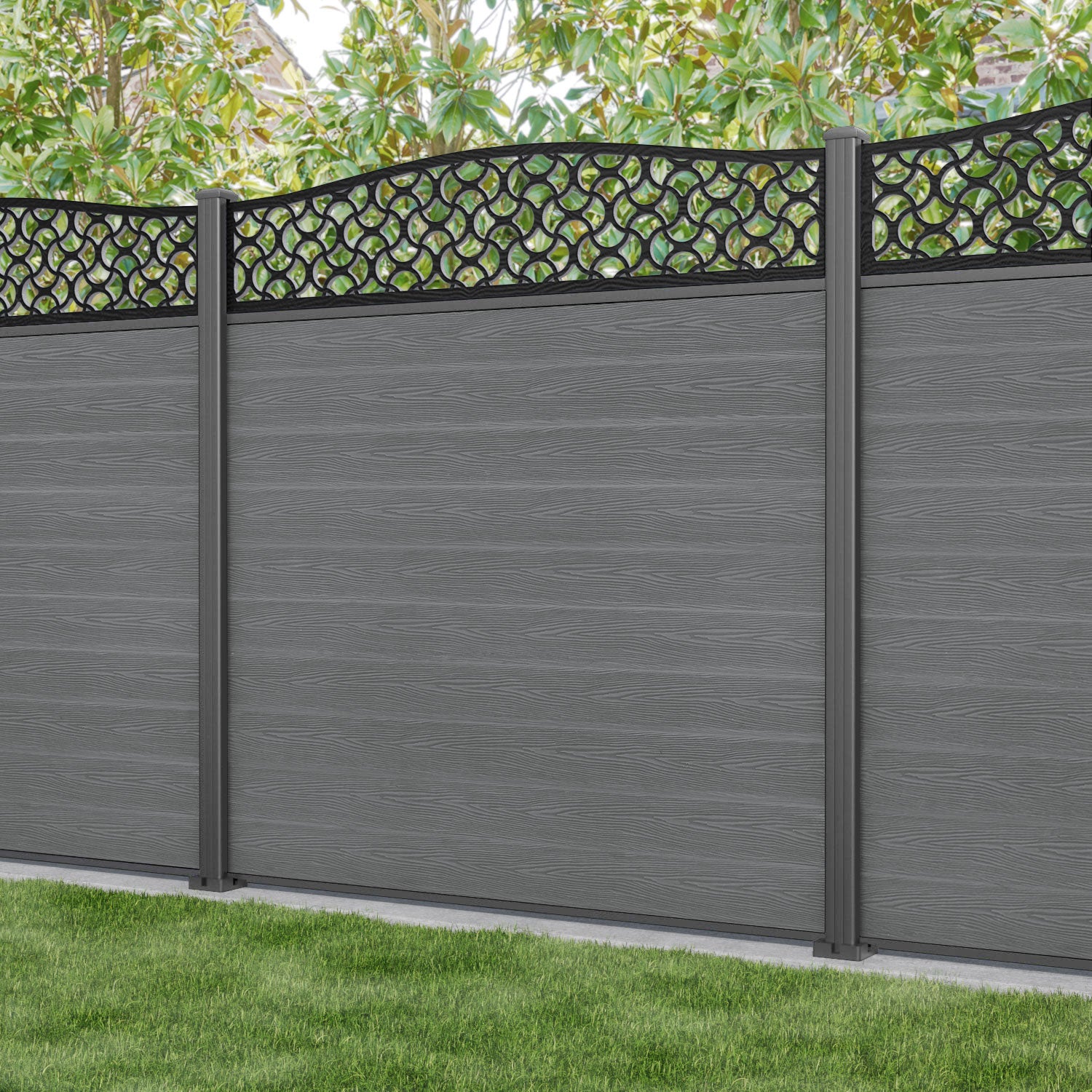 Classic Vida Curved Top Fence Panel - Mid Grey - with our aluminium posts