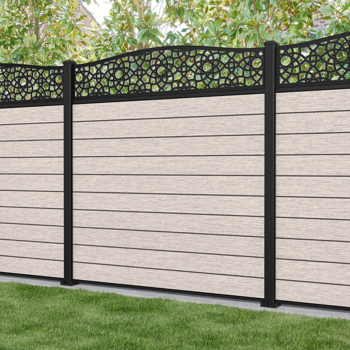 Fusion Ambar Curved Top Fence Panel - Mid Stone - with our aluminium posts