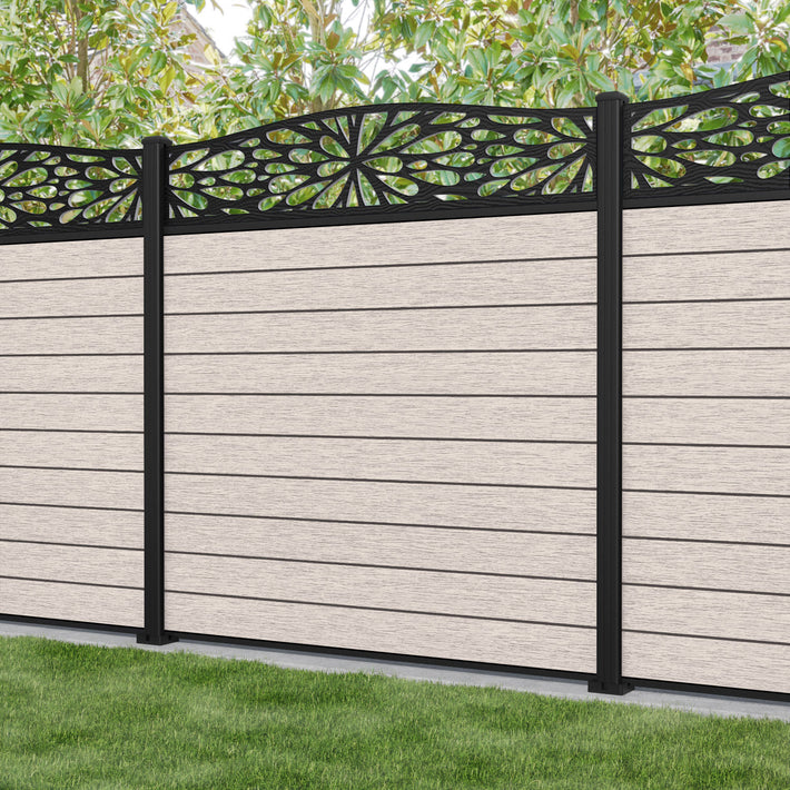 Fusion Blossom Curved Top Fence Panel - Mid Stone - with our aluminium posts
