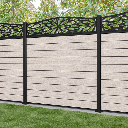 Fusion Blossom Curved Top Fence Panel - Mid Stone - with our aluminium posts