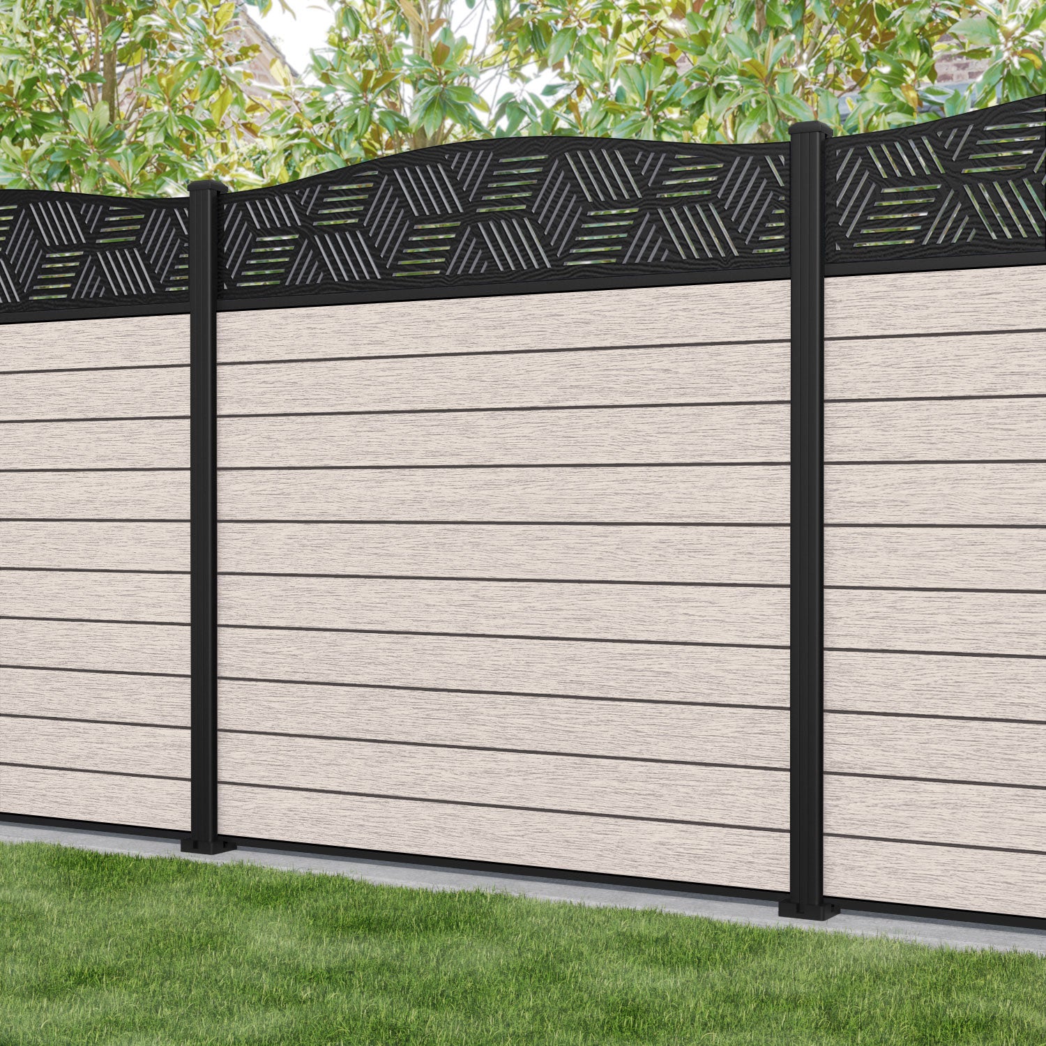 Fusion Cubed Curved Top Fence Panel - Mid Stone - with our aluminium posts