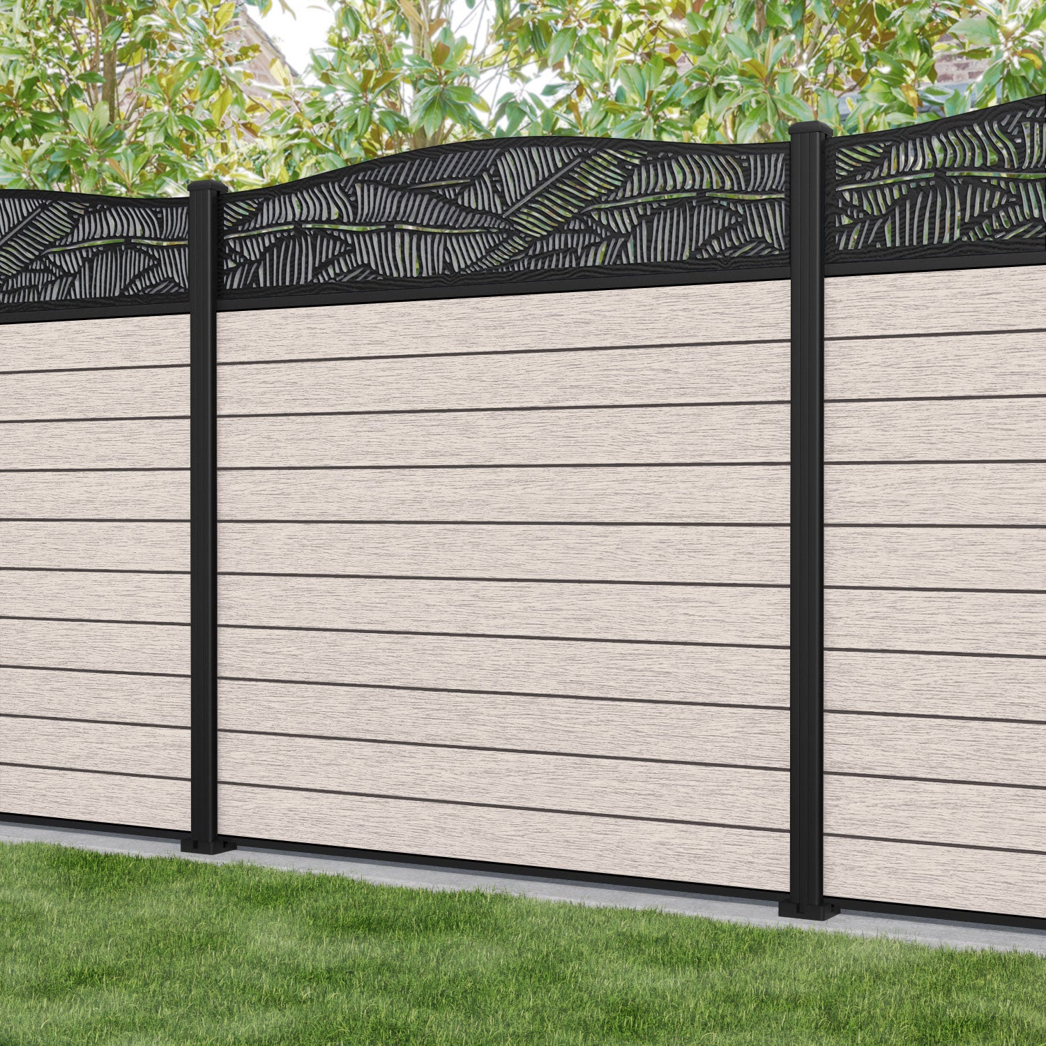 Fusion Feather Curved Top Fence Panel - Mid Stone - with our aluminium posts