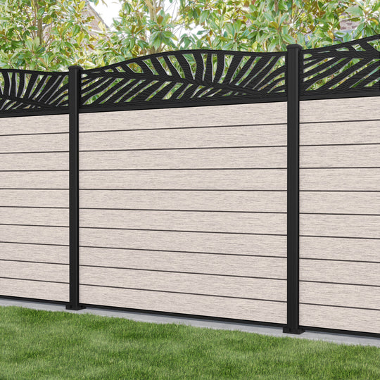 Fusion Palm Curved Top Fence Panel - Mid Stone - with our aluminium posts
