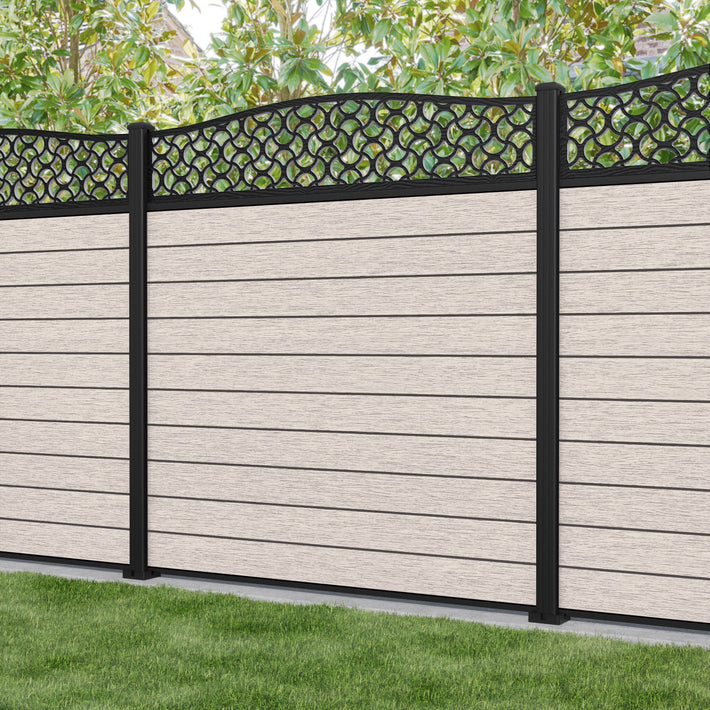 Fusion Vida Curved Top Fence Panel - Mid Stone - with our aluminium posts