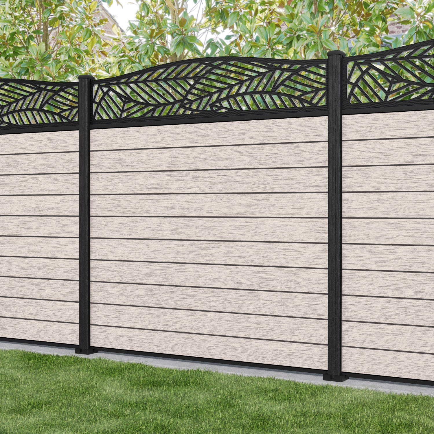 Fusion Habitat Curved Top Fence Panel - Mid Stone - with our composite posts