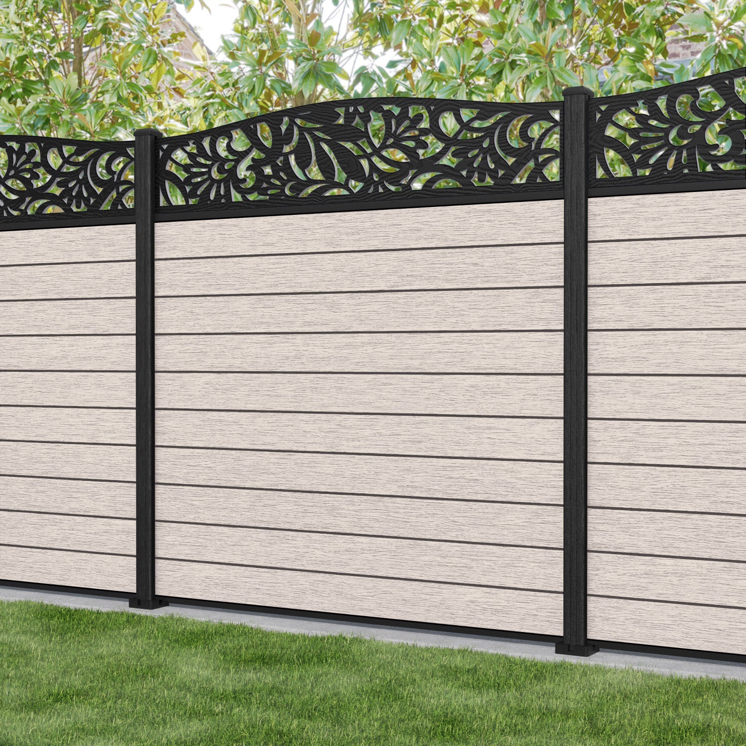 Fusion Heritage Curved Top Fence Panel - Mid Stone - with our composite posts
