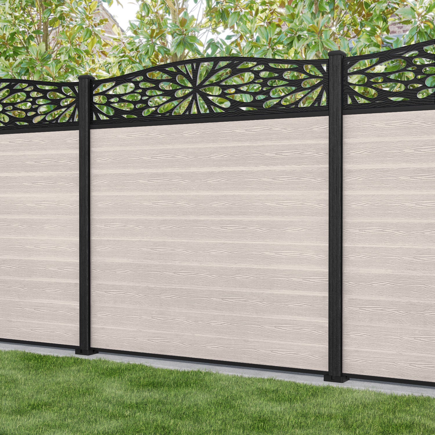 Classic Blossom Curved Top Fence Panel - Mid Stone - with our composite posts