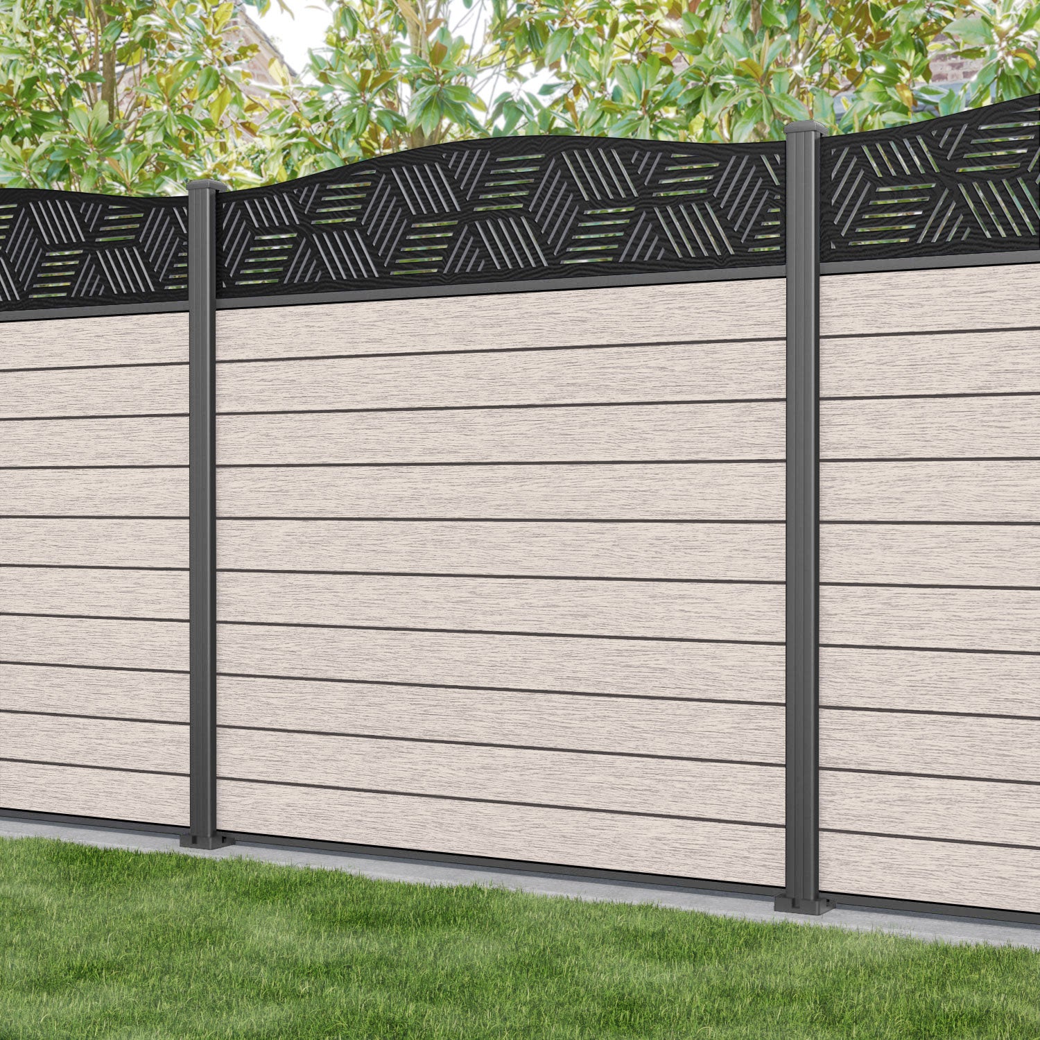 Fusion Cubed Curved Top Fence Panel - Mid Stone - with our aluminium posts