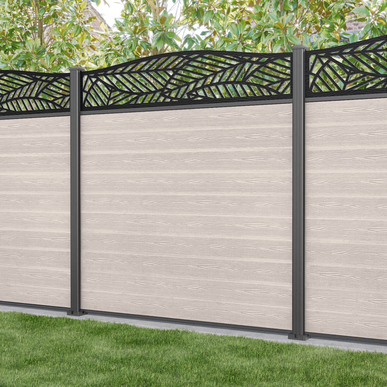 Classic Habitat Curved Top Fence Panel - Mid Stone - with our aluminium posts