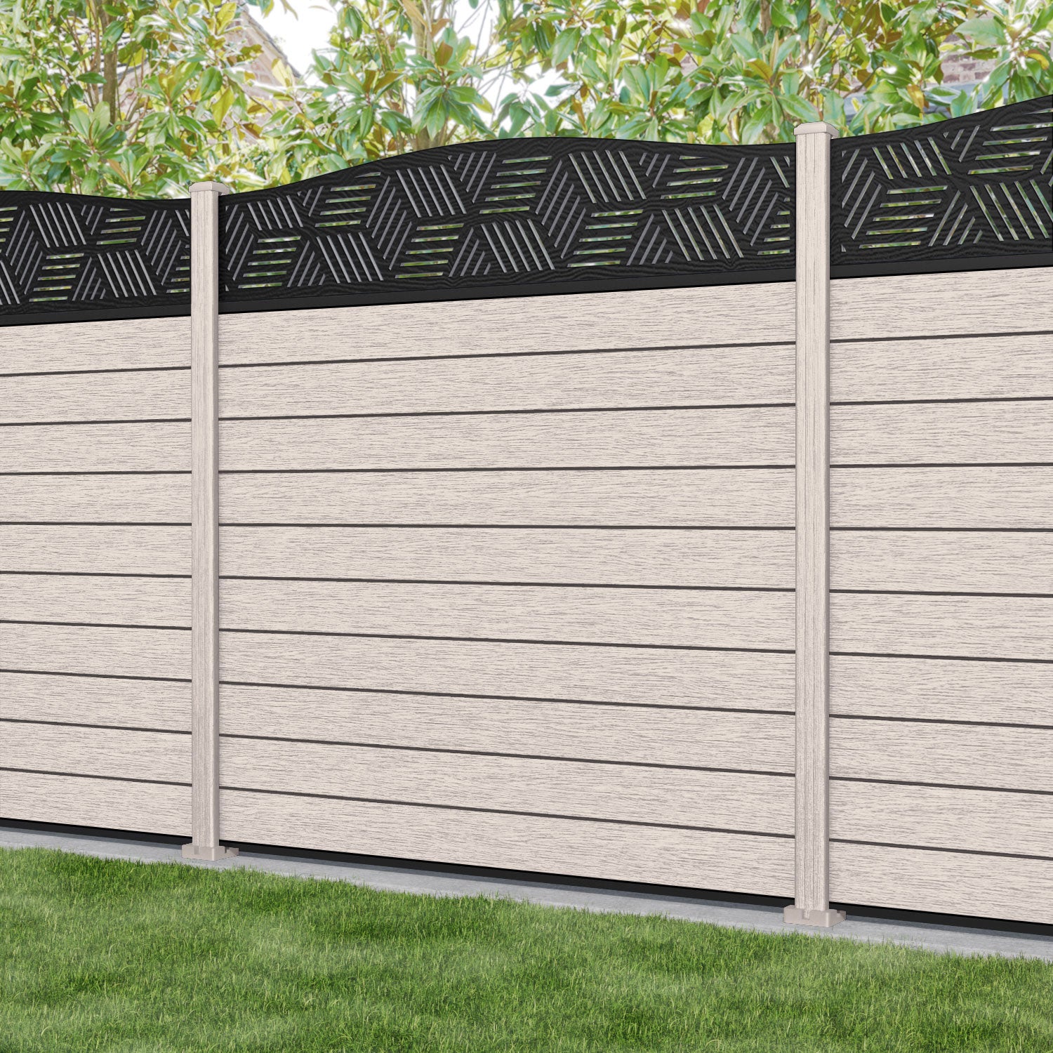 Fusion Cubed Curved Top Fence Panel - Mid Stone - with our composite posts