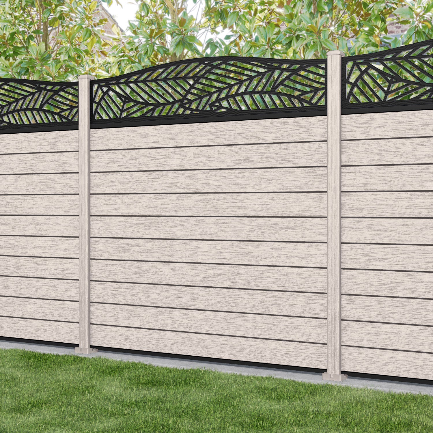 Fusion Habitat Curved Top Fence Panel - Mid Stone - with our composite posts