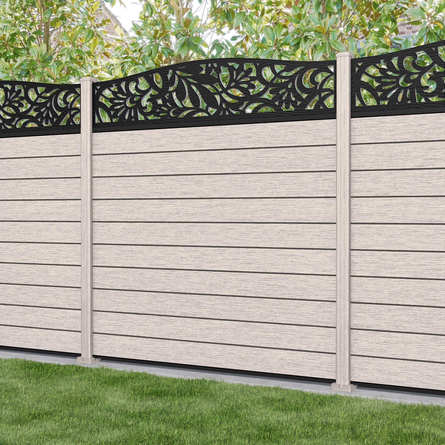 Fusion Heritage Curved Top Fence Panel - Mid Stone - with our composite posts