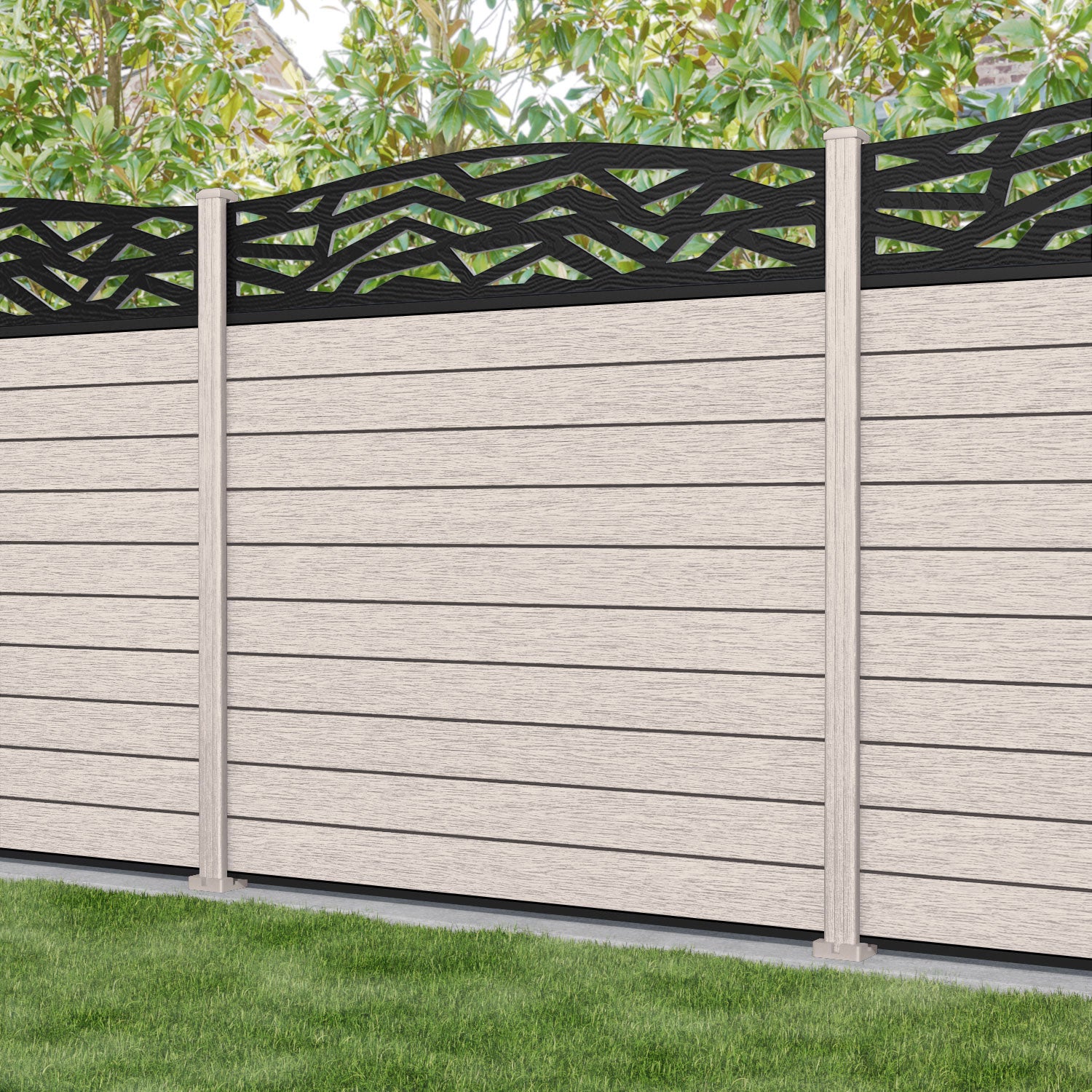Fusion Zenith Curved Top Fence Panel - Mid Stone - with our composite posts