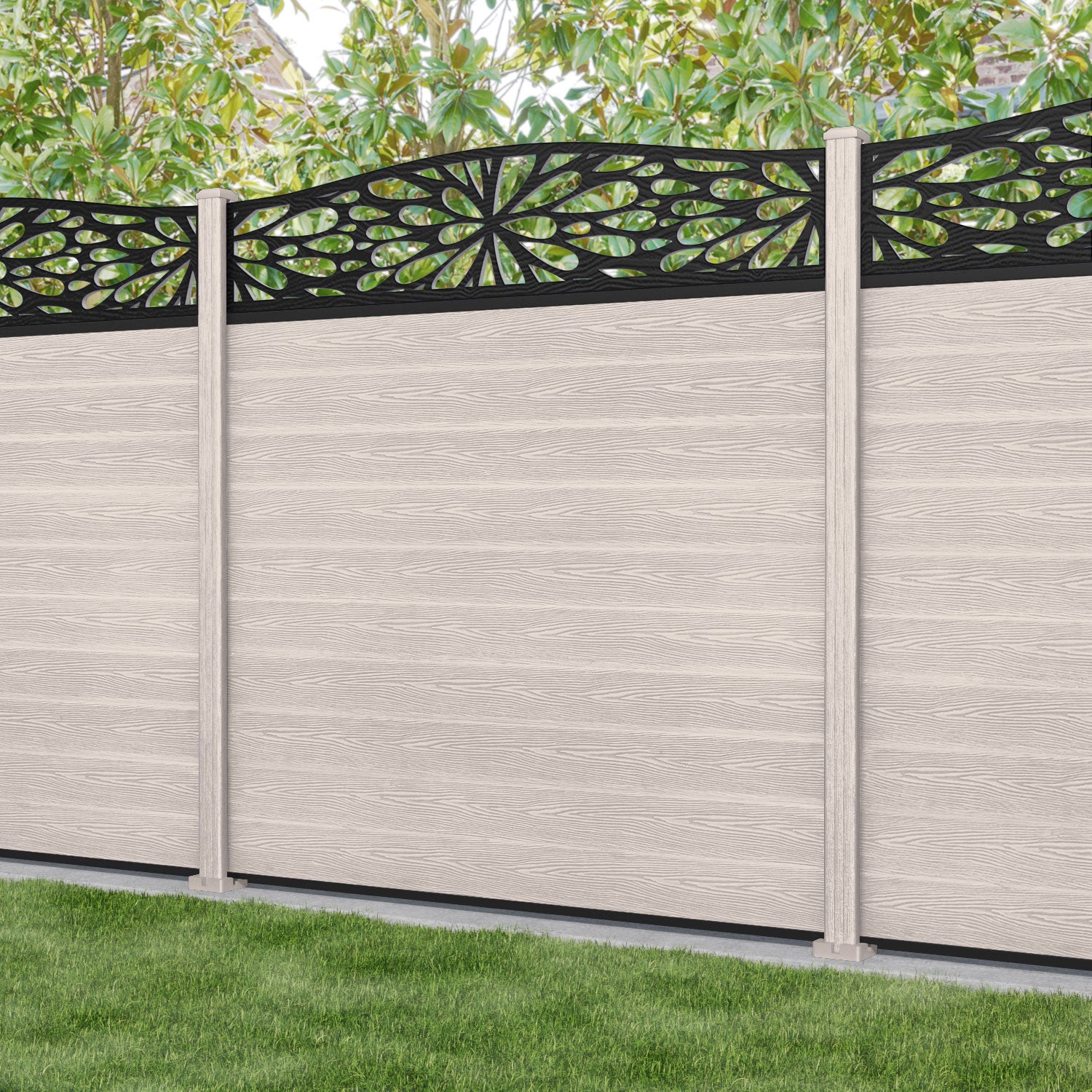 Classic Blossom Curved Top Fence Panel - Mid Stone - with our composite posts