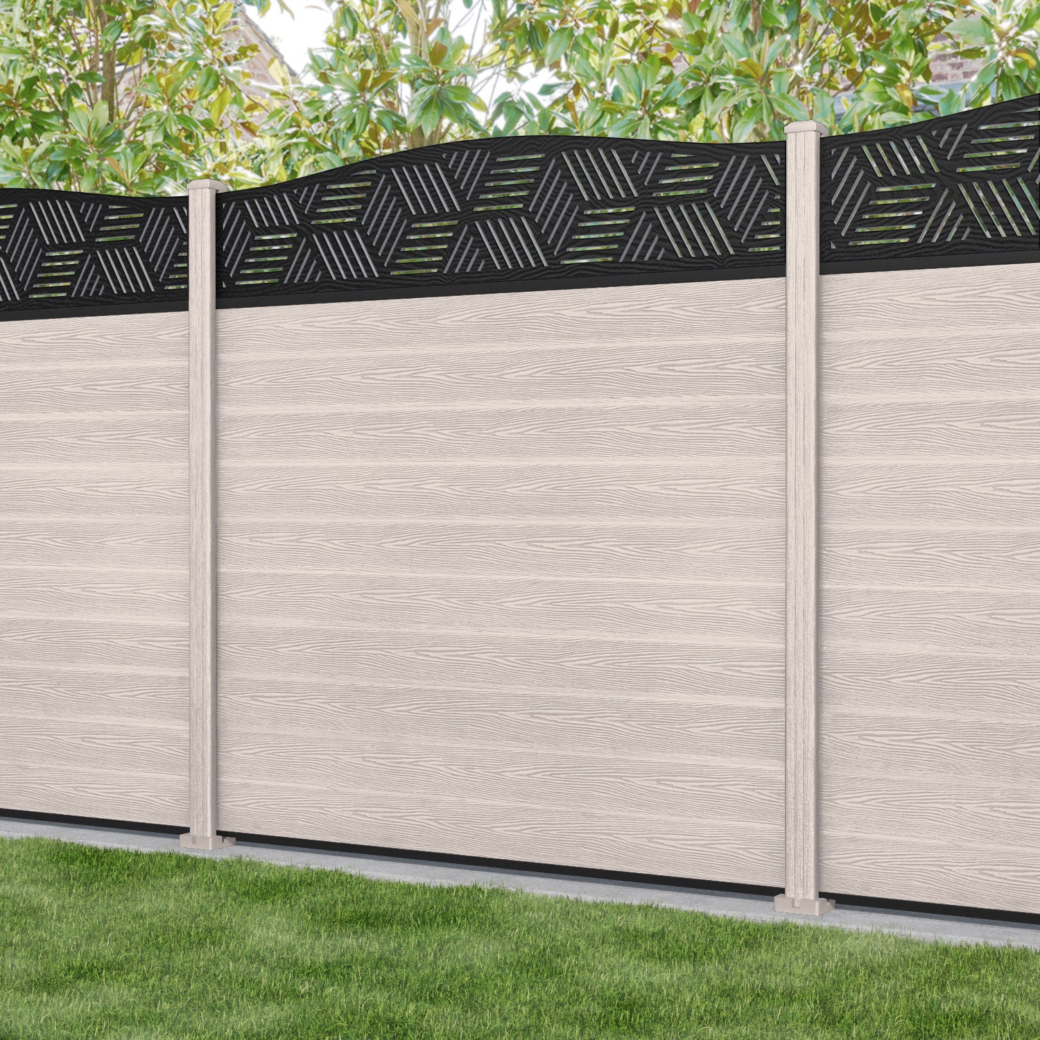 Classic Cubed Curved Top Fence Panel - Mid Stone - with our composite posts