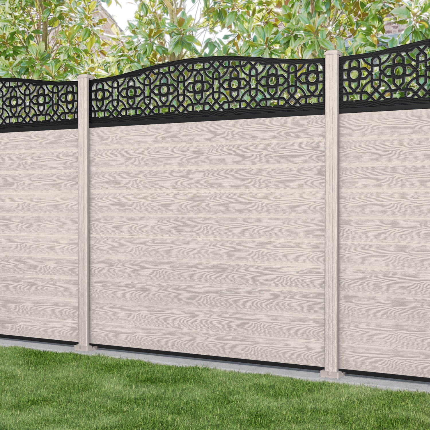Classic Nabila Curved Top Fence Panel - Mid Stone - with our composite posts
