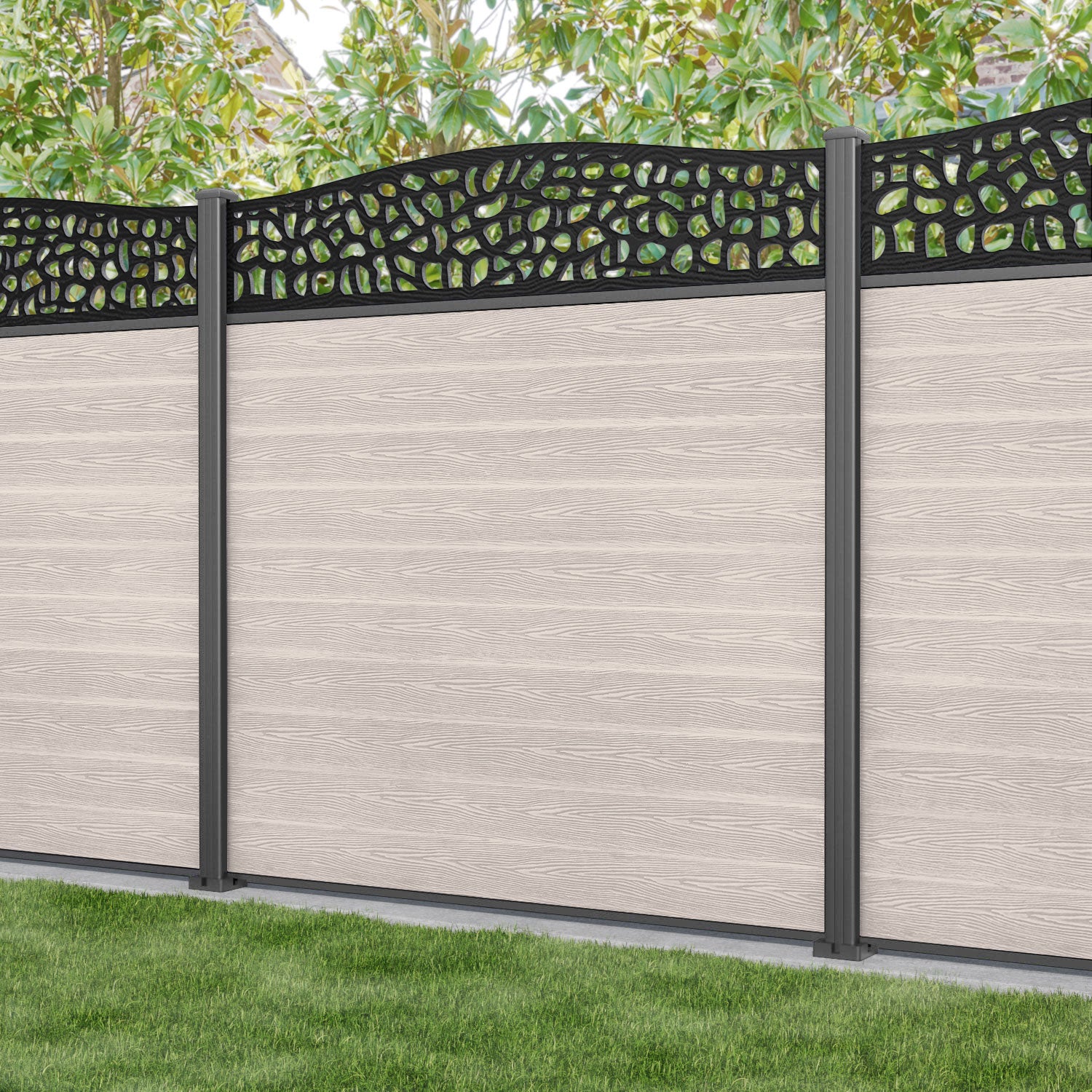 Classic Pebble Curved Top Fence Panel - Mid Stone - with our aluminium posts