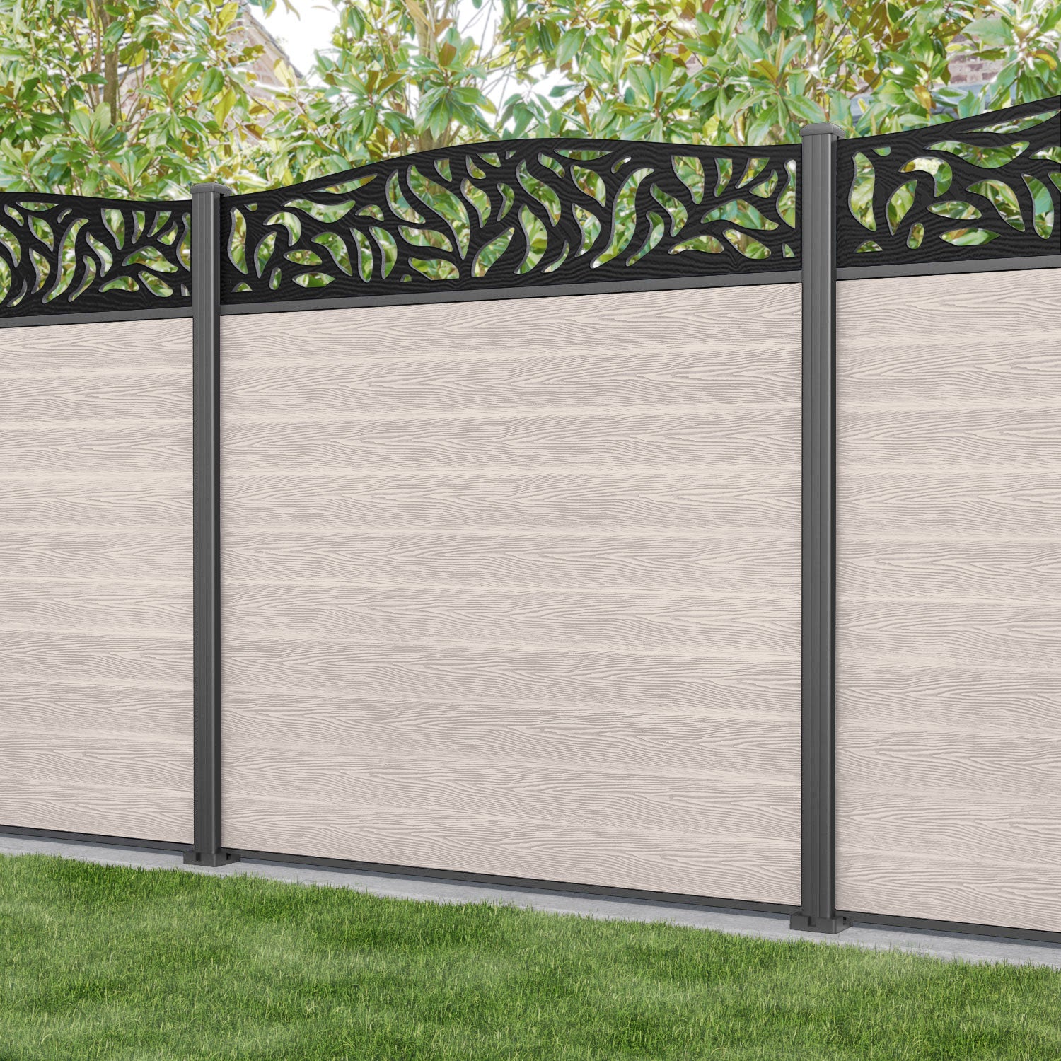 Classic Plume Curved Top Fence Panel - Mid Stone - with our aluminium posts