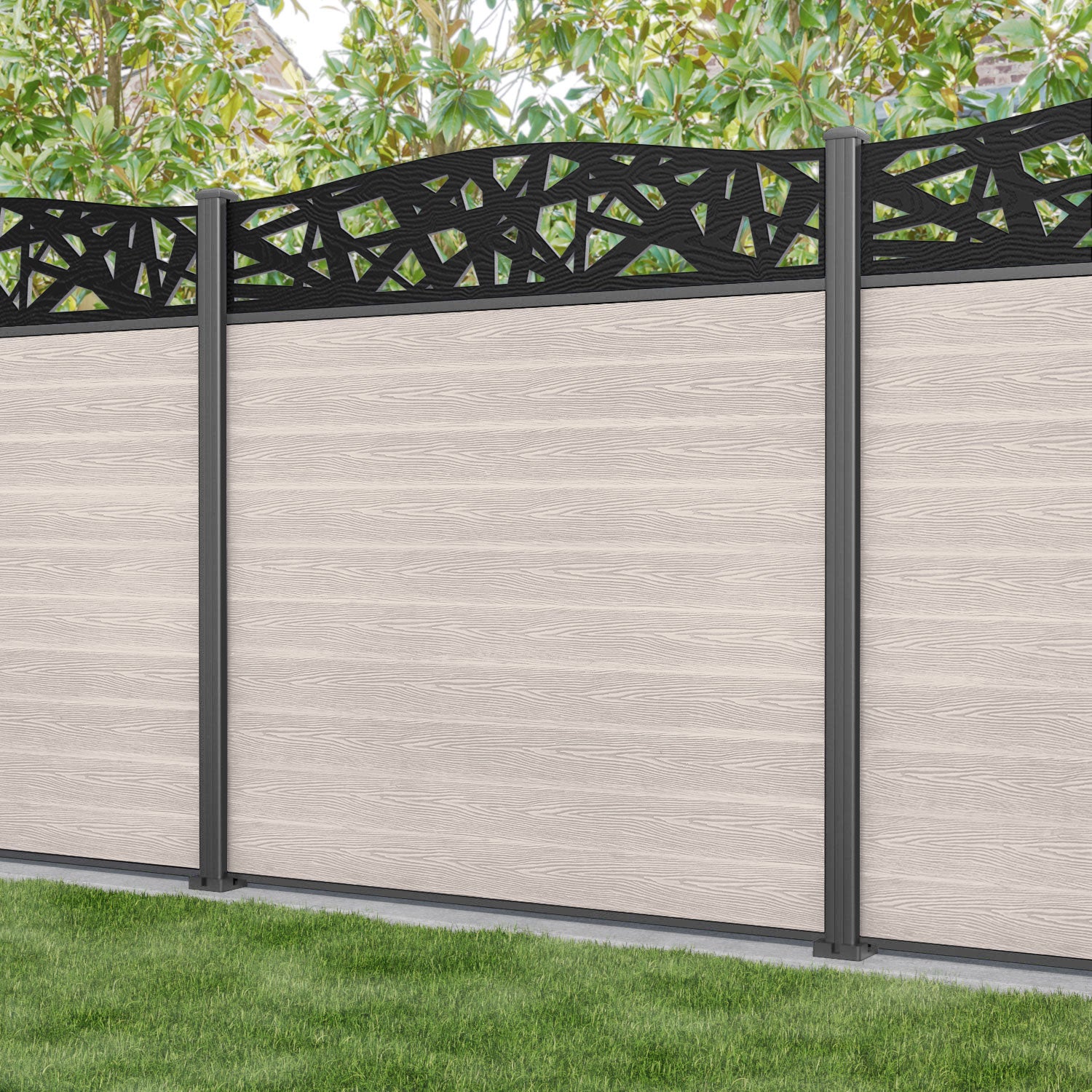Classic Prism Curved Top Fence Panel - Mid Stone - with our aluminium posts