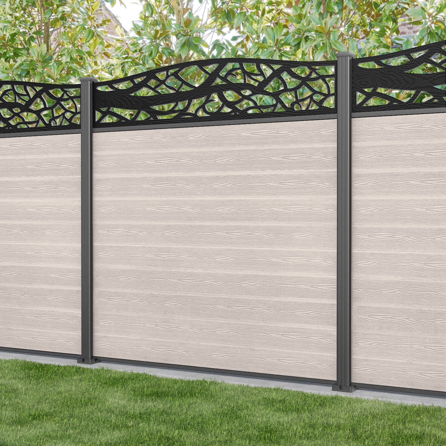 Classic Twilight Curved Top Fence Panel - Mid Stone - with our aluminium posts