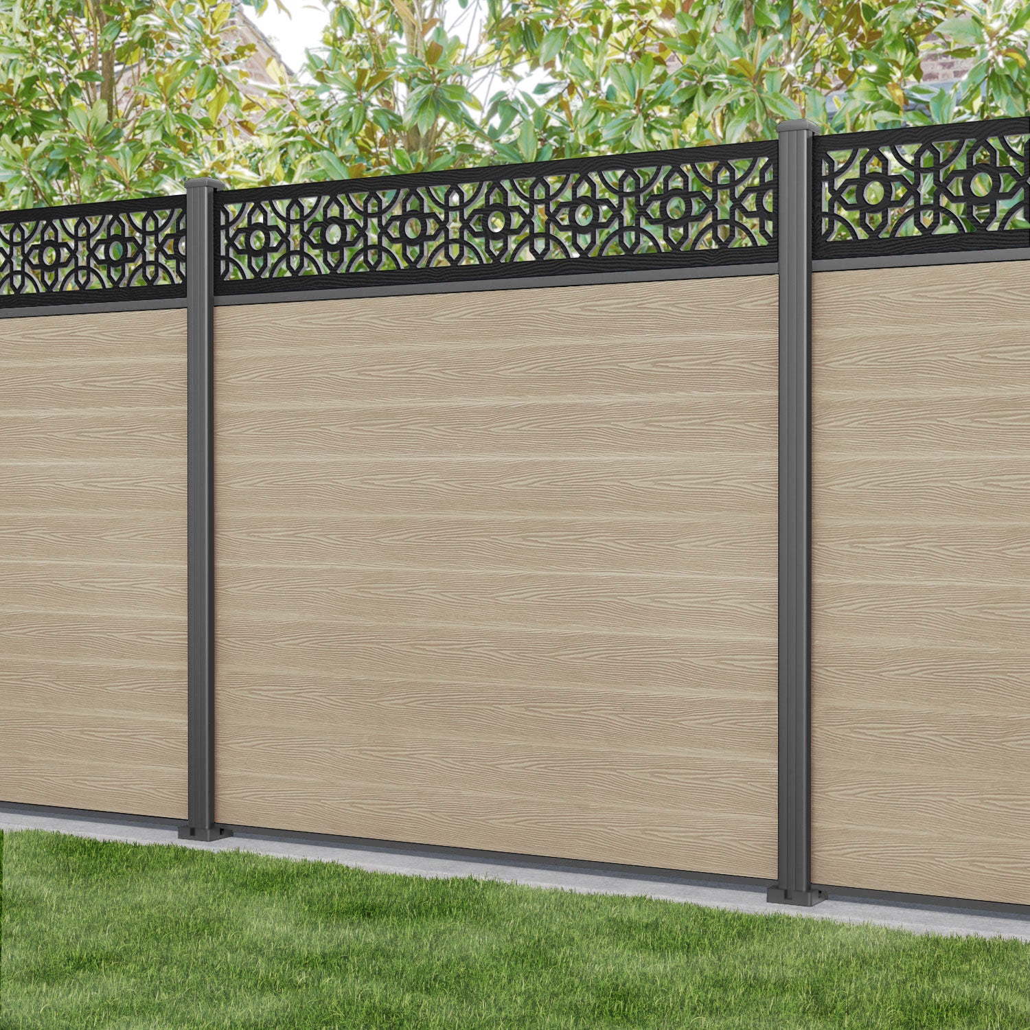 Classic Nabila Fence Panel - Light Oak - with our aluminium posts