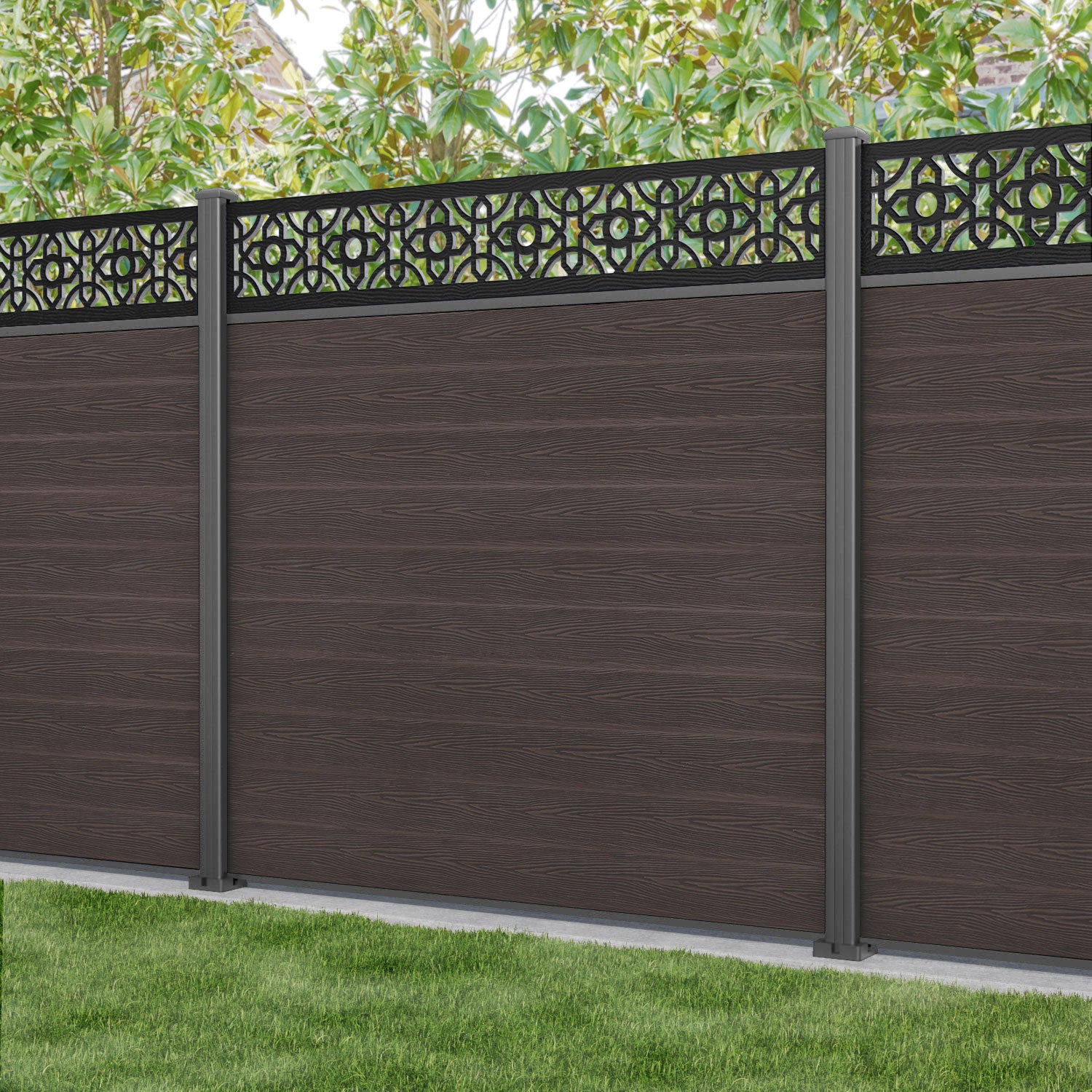 Classic Nabila Fence Panel - Mid Brown - with our aluminium posts