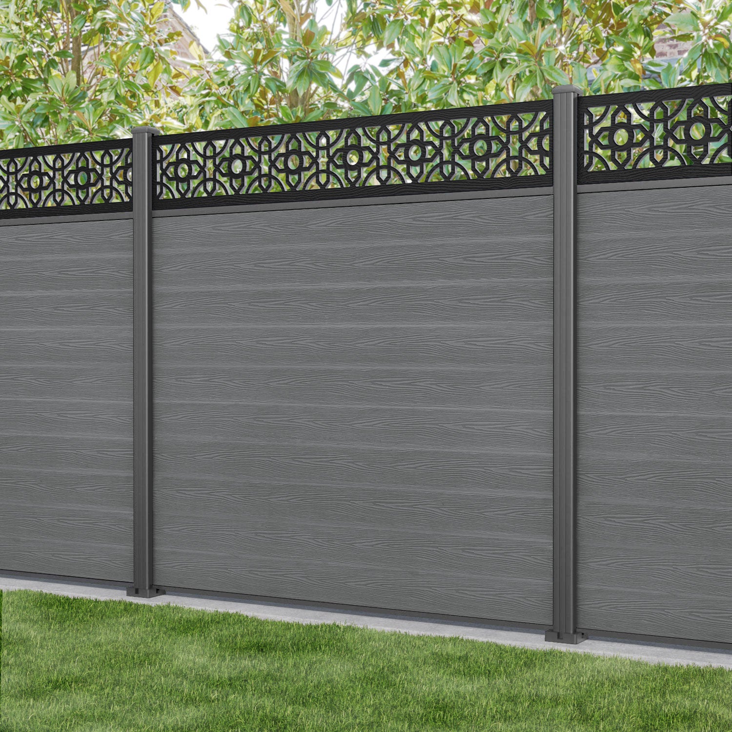 Classic Nabila Fence Panel - Mid Grey - with our aluminium posts