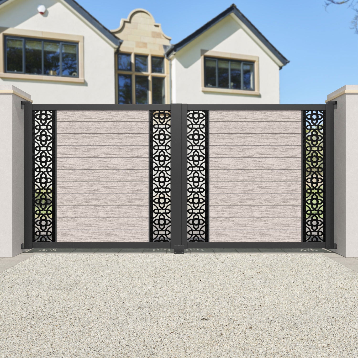 Fusion Nabila Straight Top Driveway Gate - Mid Stone - Middle & End Screen
