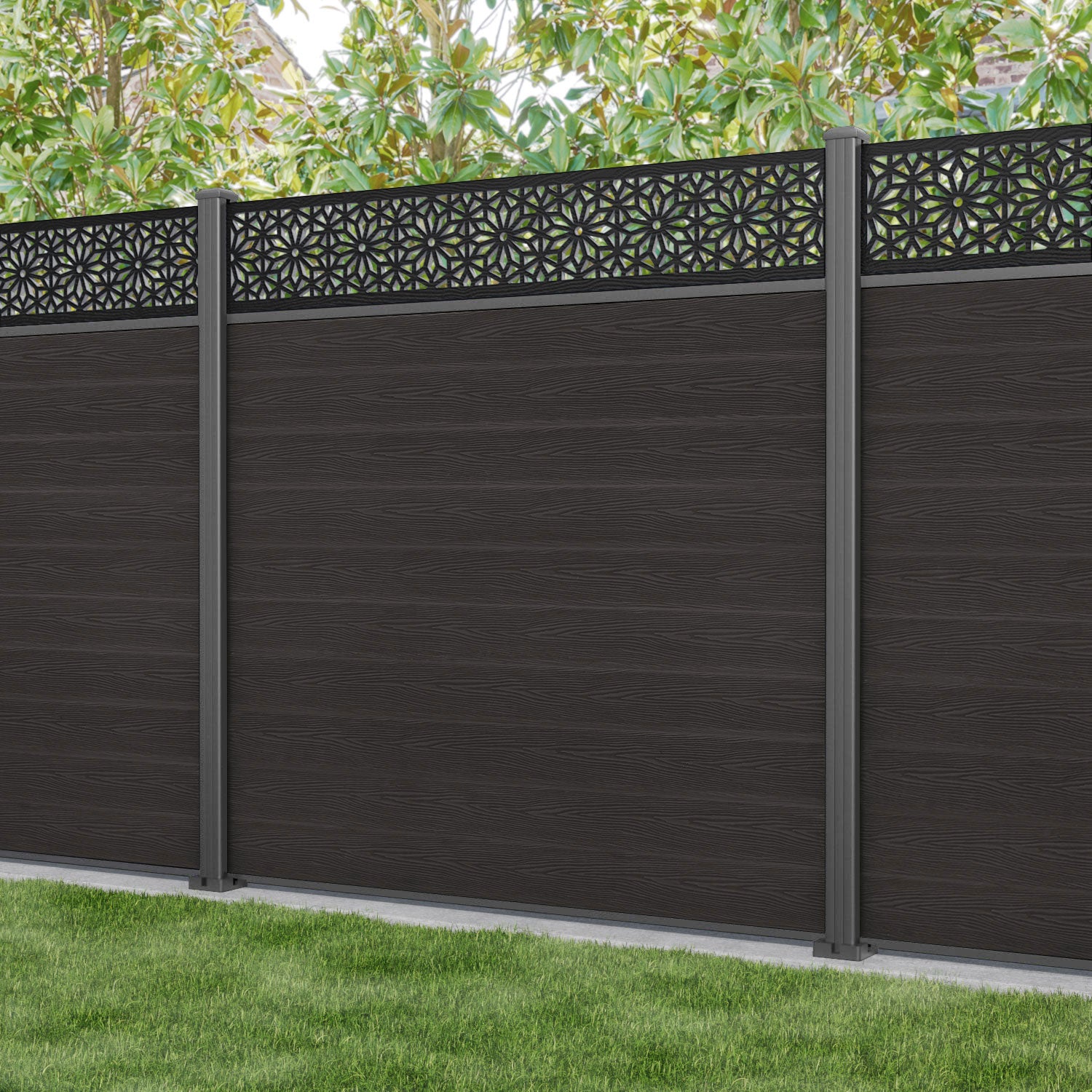 Classic Narwa Fence Panel - Dark Oak - with our aluminium posts