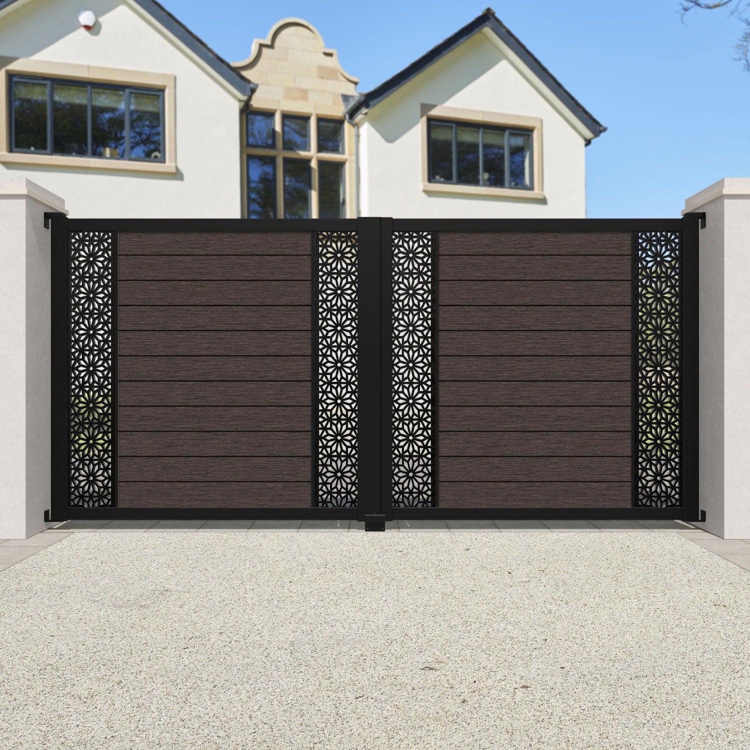Fusion Narwa Straight Top Driveway Gate - Mid Brown - Middle & End Screen