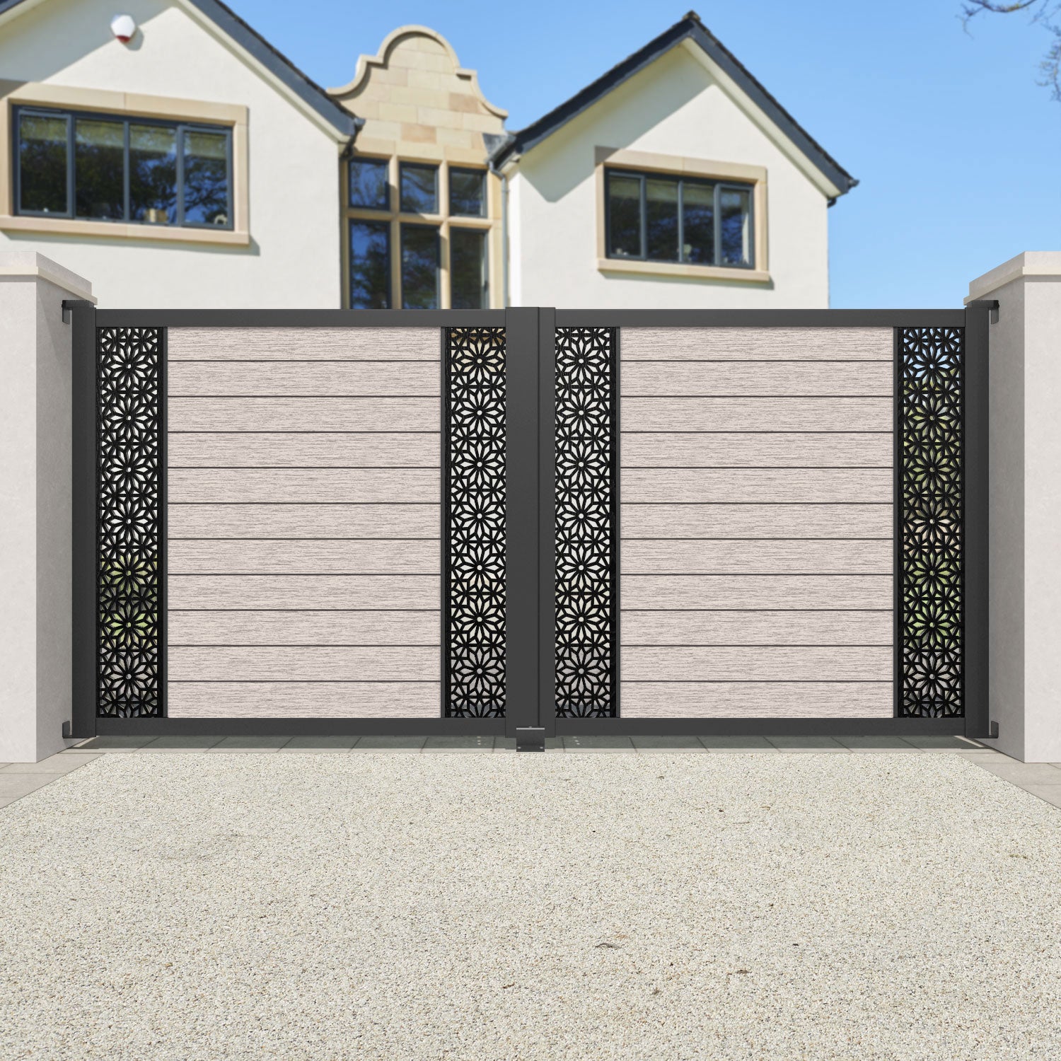 Fusion Narwa Straight Top Driveway Gate - Mid Stone - Middle & End Screen