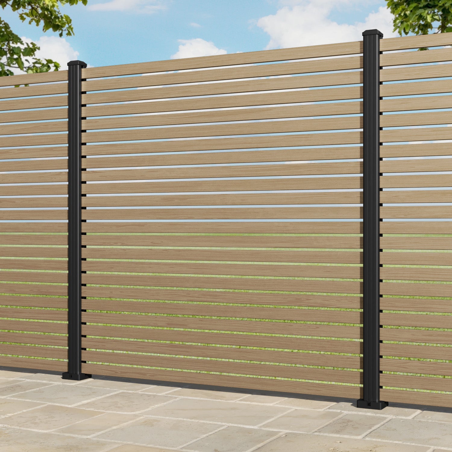 Aria Aluminium Fence Panel - Natural Oak - with our aluminium posts