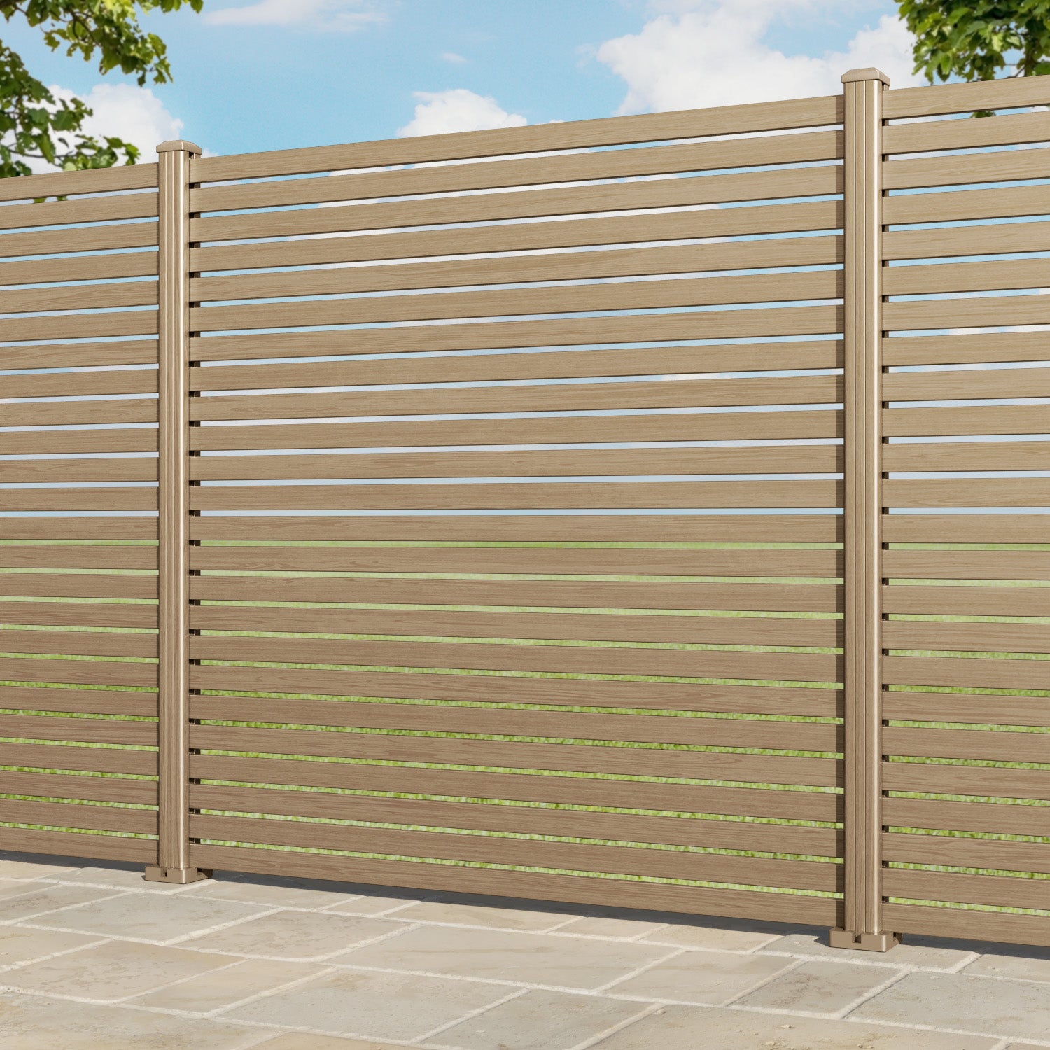 Aria Aluminium Fence Panel - Natural Oak - with our aluminium posts