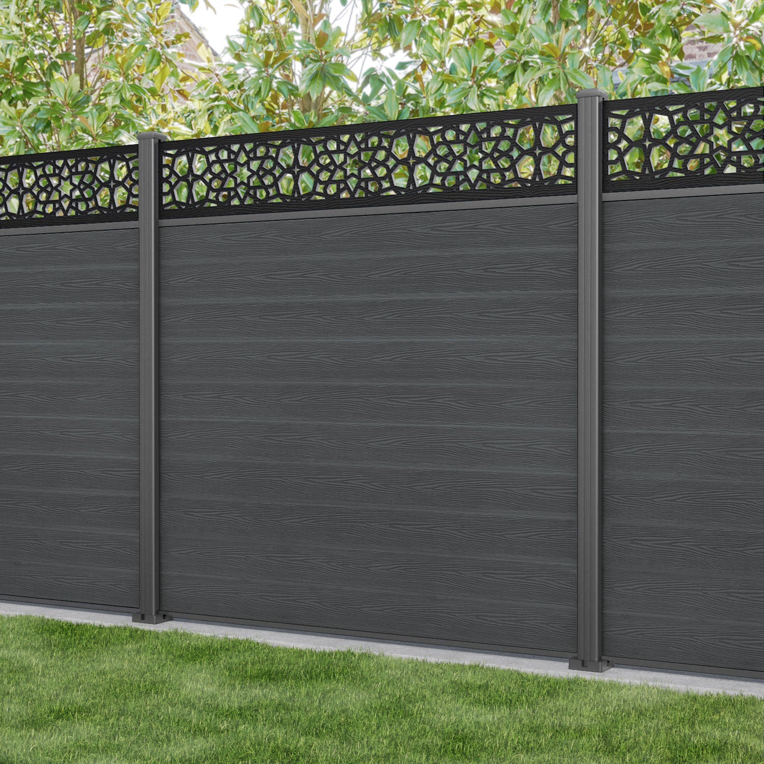 Classic Nazira Fence Panel - Dark Grey - with our aluminium posts