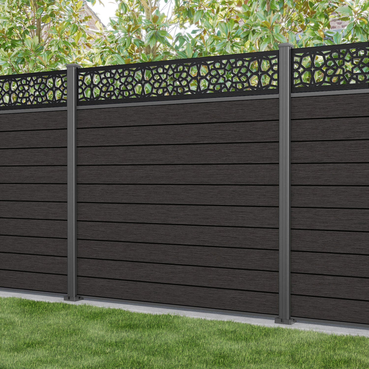 Fusion Nazira Fence Panel - Dark Oak - with our aluminium posts
